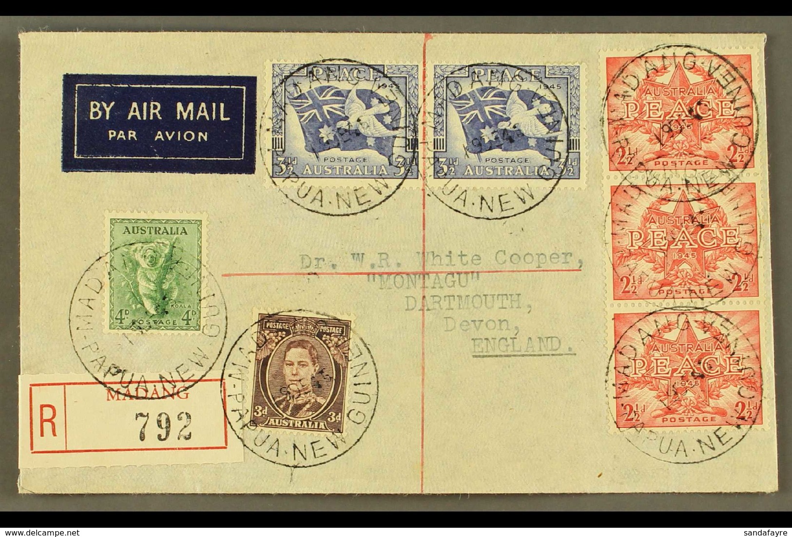 1946  (Dec) Neat Envelope Registered To England, Bearing Australia 3d And 4d Definitives, Victory 2½d Strip And 3½d Pair - Papua-Neuguinea