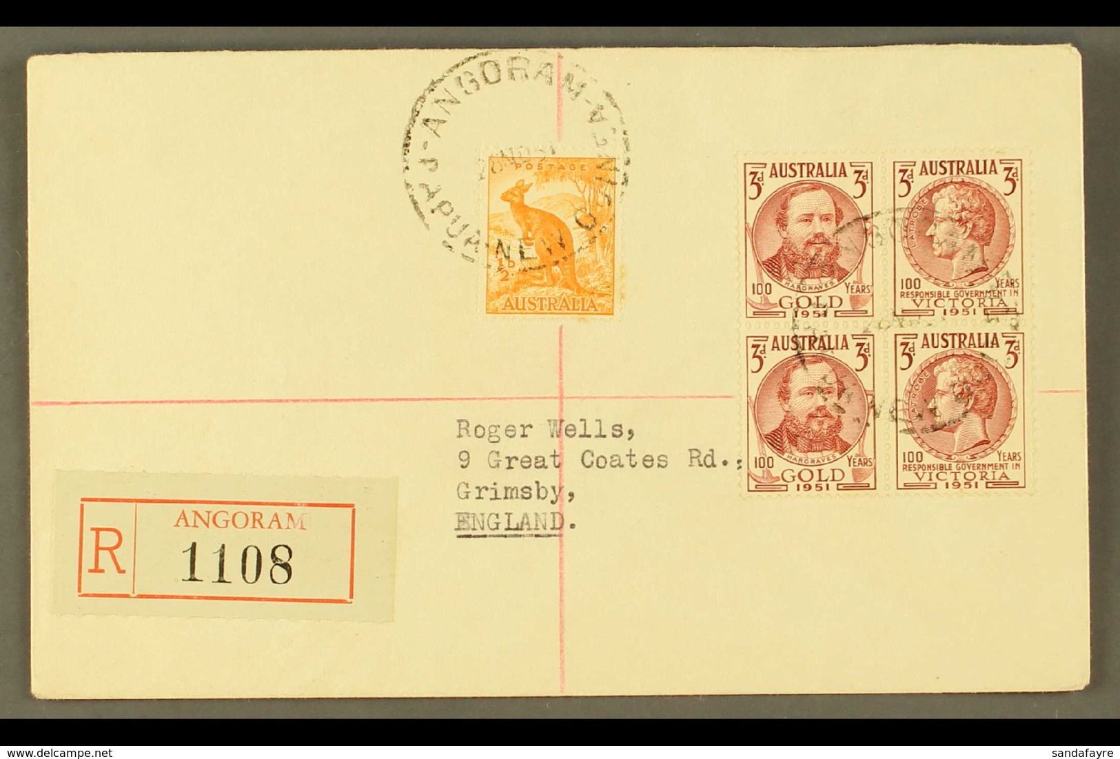 1951  (Nov) "Roger Wells" Envelope Registered To England, Bearing Australia ½d Roo And 100 Years Block Of Four Tied ANGO - Papua-Neuguinea