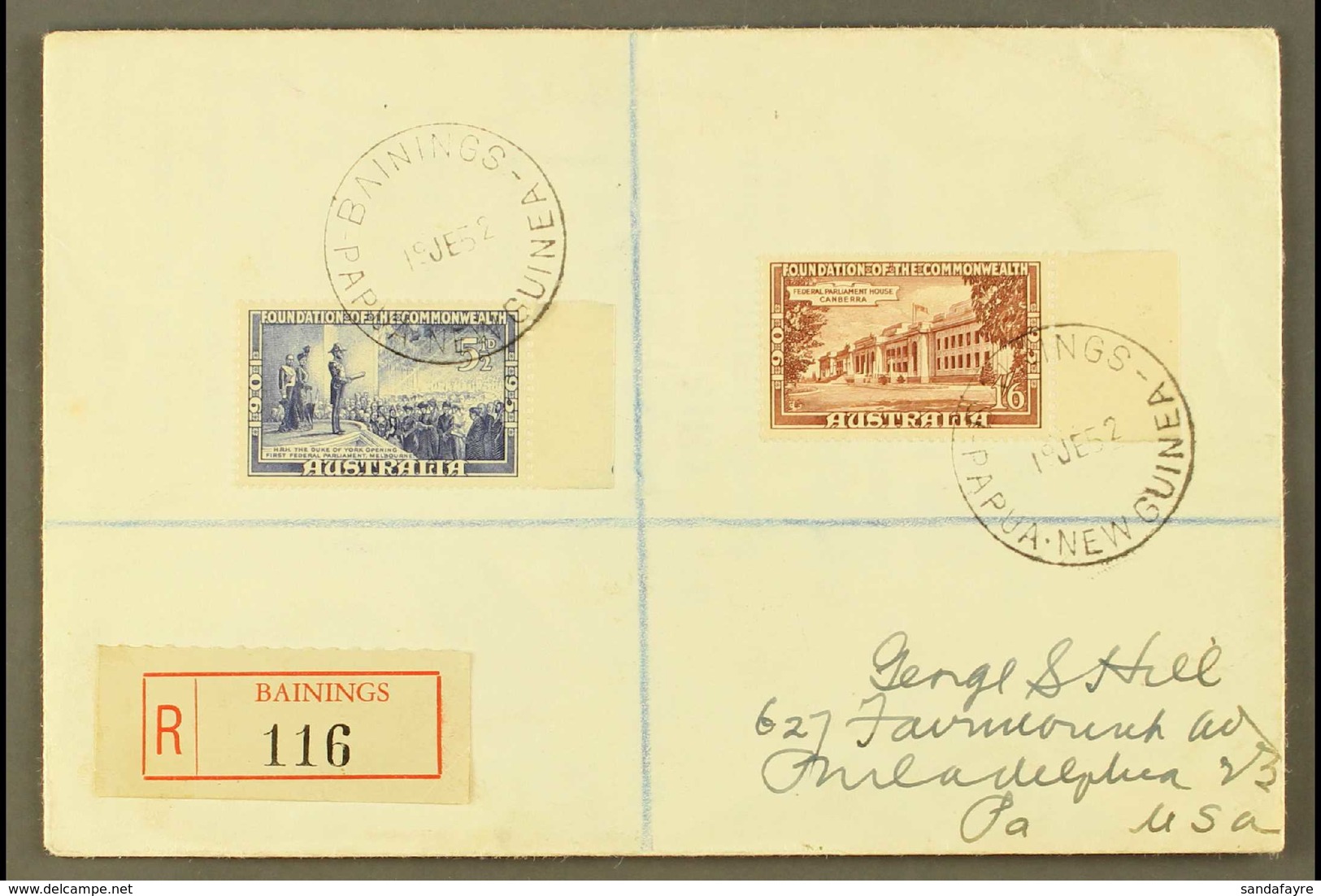1952  (19th June) Neat Registered Cover To USA, Bearing Australia Foundation Of The Commonwealth 5½d And 1s6d Tied By Cr - Papua-Neuguinea