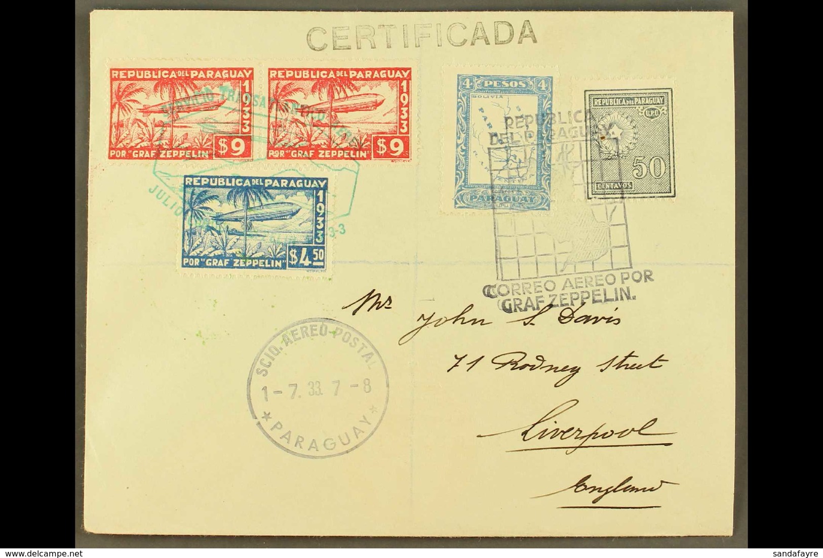 1933  Registered Cover To England Franked Paraguay Postage 4p And 50c Cancelled Map Type Graf Zeppelin Cancel With $4.50 - Paraguay