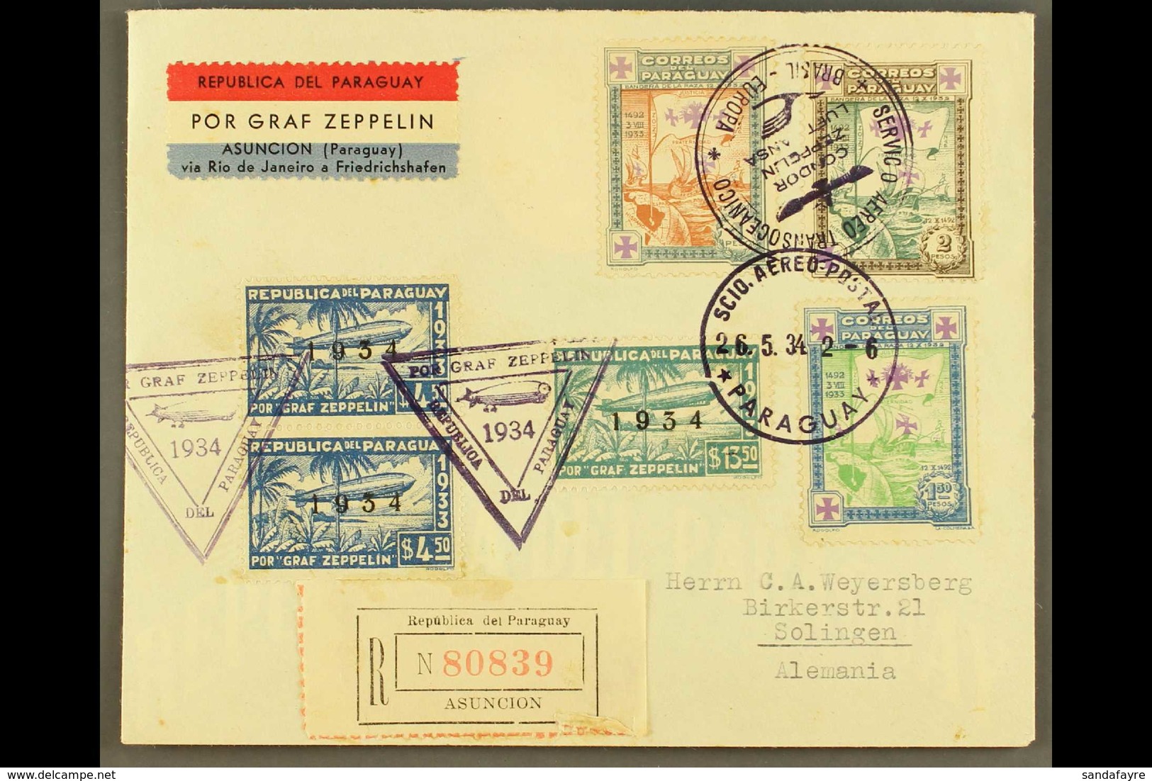 1934  Registerd Air Letter To Germany Franked 1p, 1p50 And 2p "Flag" Stamps Tied Various Cds Cancels Incl Condor, Luftha - Paraguay