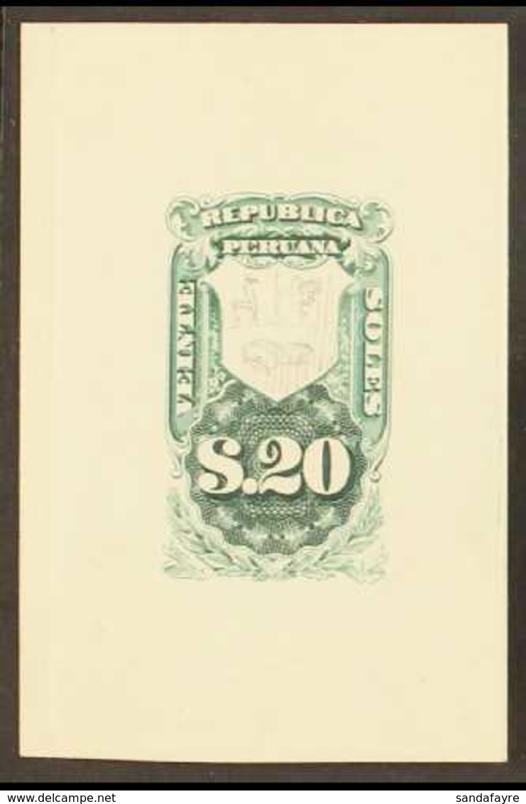 REVENUES  1870 IMPERF DIE PROOF For The 20s Value Printed In Green On Thick Card With BLANK SHIELD With Pencil Sketches  - Peru