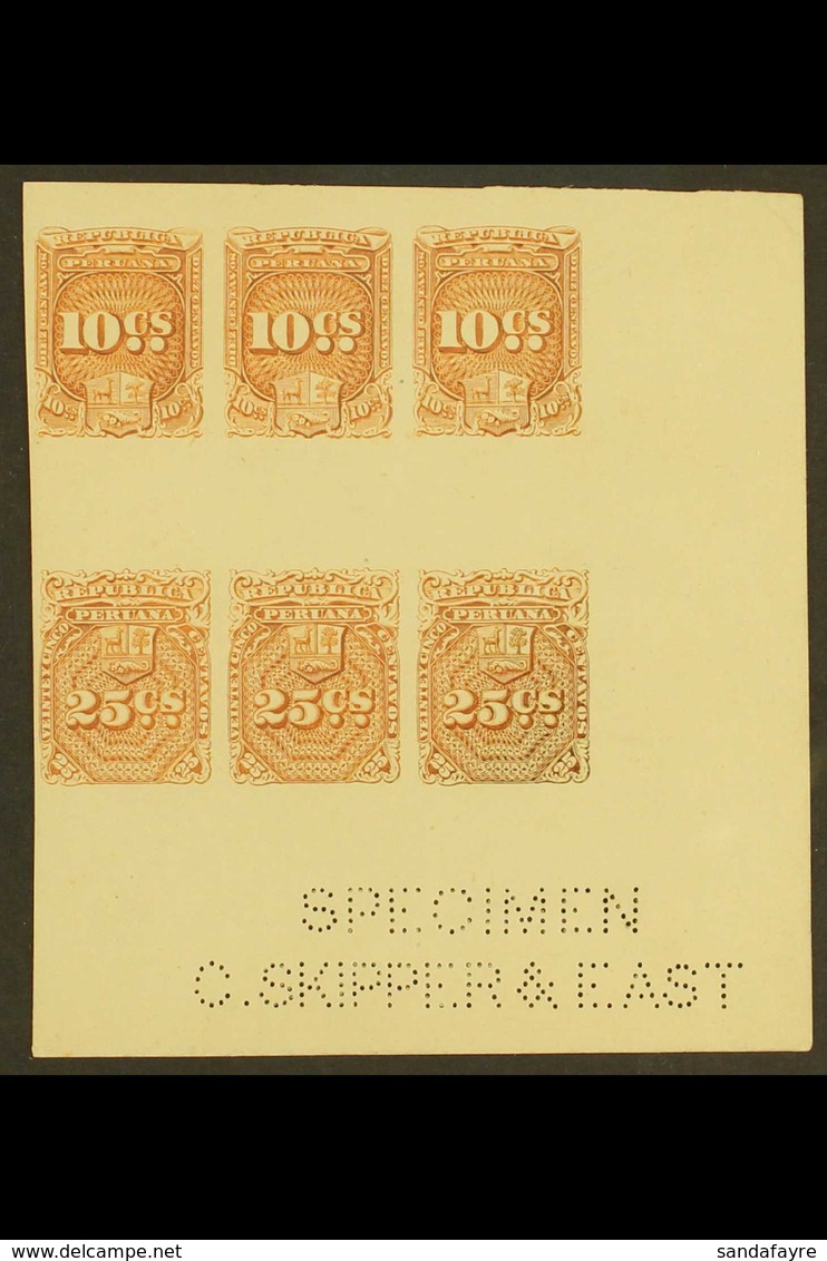 REVENUES  1872 10c & 25c Brown IMPERF PROOFS SE-TENANT BLOCK Of 6 (containing Three 10c And Three 25c Values) From The L - Peru