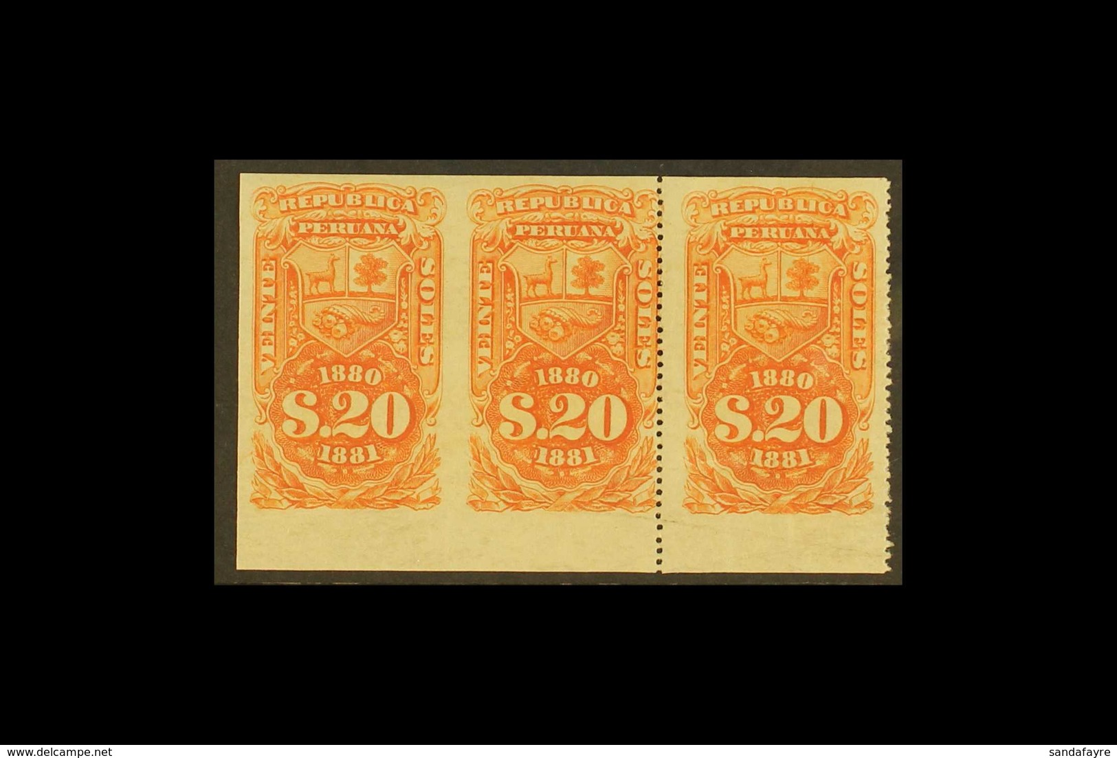 REVENUES  1880 PART PERFORATED PLATE PROOF For The 20s Value Printed In Orange On Gummed Paper - A Horizontal STRIP Of 3 - Peru