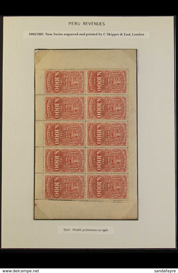 REVENUES  1884-85 1000s Carmine COMPLETE SHEETLET Of 10 Showing DOUBLE VERT PERFORATION Error At Right, Fine Mint, Fresh - Peru