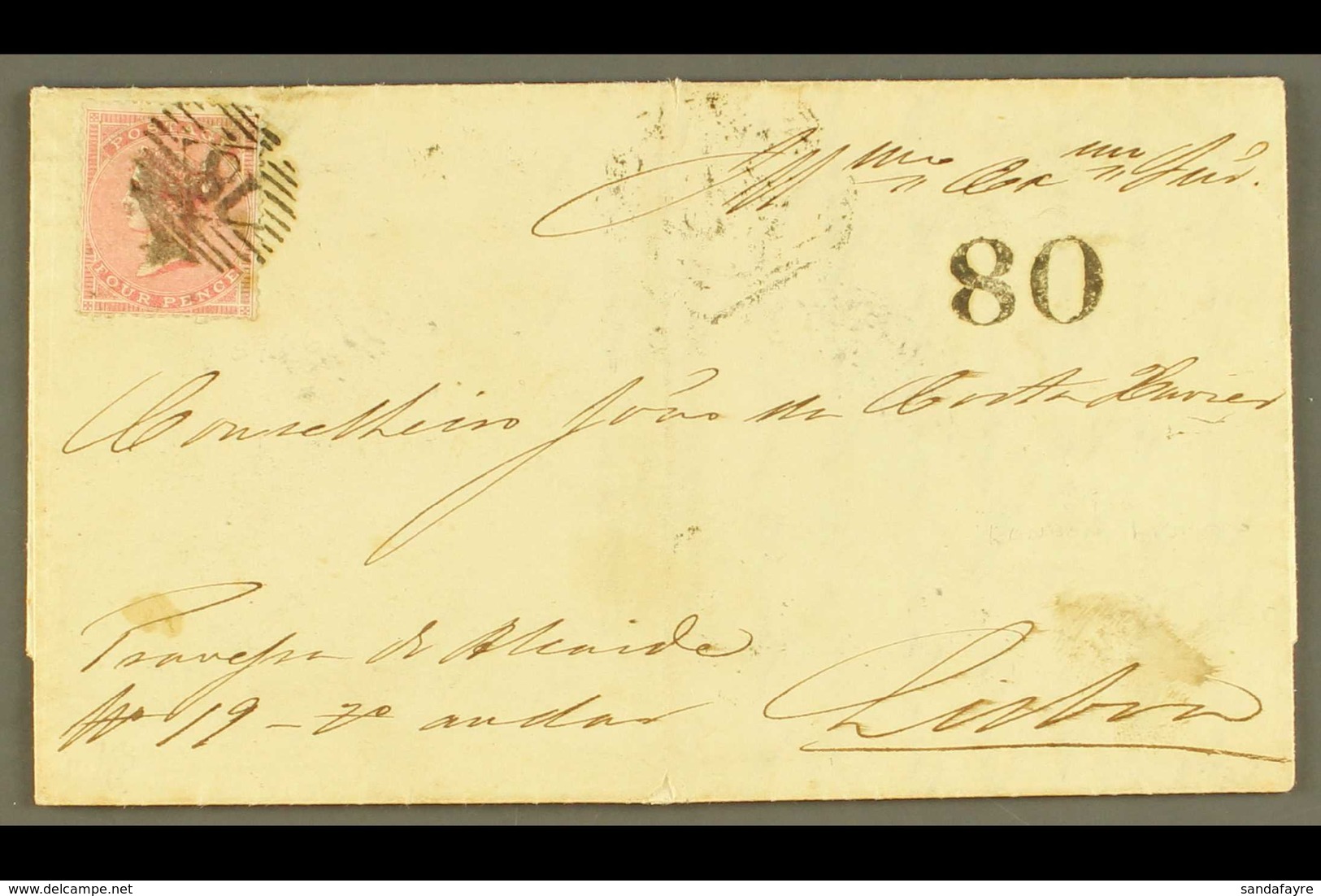 1859 INWARD MAIL.  1859 (6 Dec) EL From London To Lisbon Bearing GB 4d Rose Stamp Placed In The Upper Left Corner (this  - Sonstige & Ohne Zuordnung