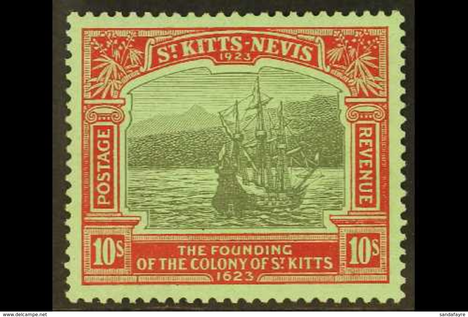 1923  10s Black & Red/emerald "Mount Misery, SG 58, Very Fine Mint For More Images, Please Visit Http://www.sandafayre.c - St.Kitts Und Nevis ( 1983-...)