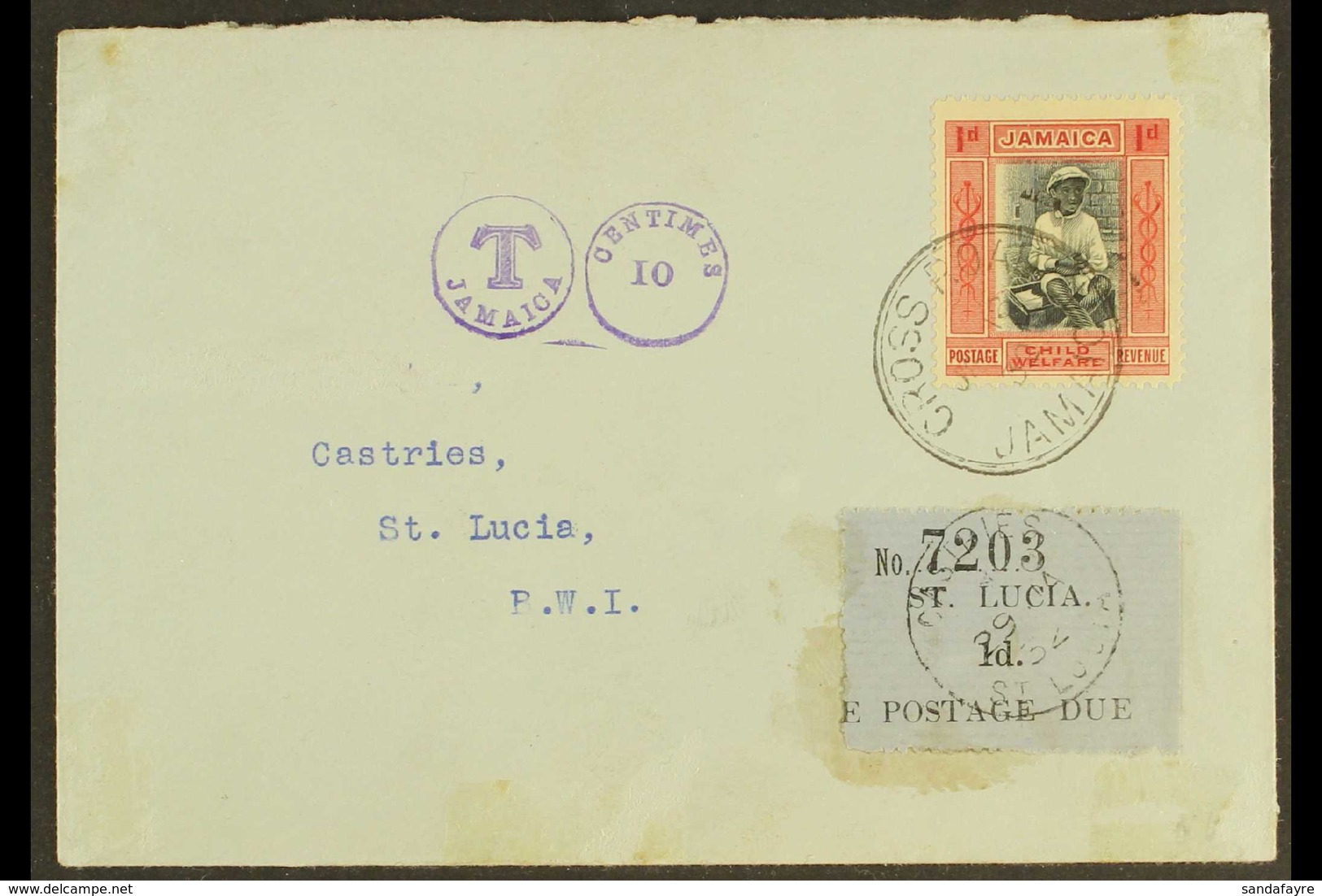 1932  (Jan) Incoming Cover From Jamaica Bearing 1d+½d Child Welfare (SG 107b), Alongside "T Jamaica" And "Centimes 10" V - St.Lucia (...-1978)