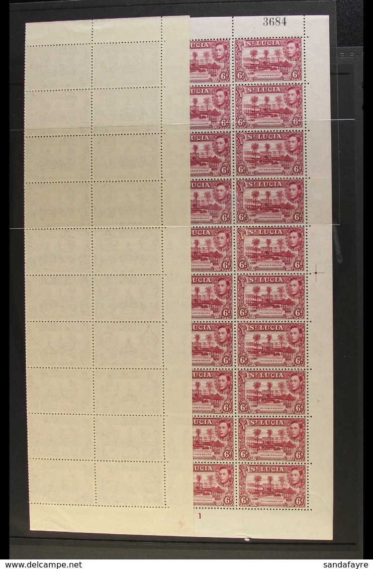 1938-48  6d Claret, Perf 12, SG 134b, A Superb Never Hinged Mint COMPLETE SHEET Of Sixty Stamps From Plate 1, With Full  - St.Lucia (...-1978)