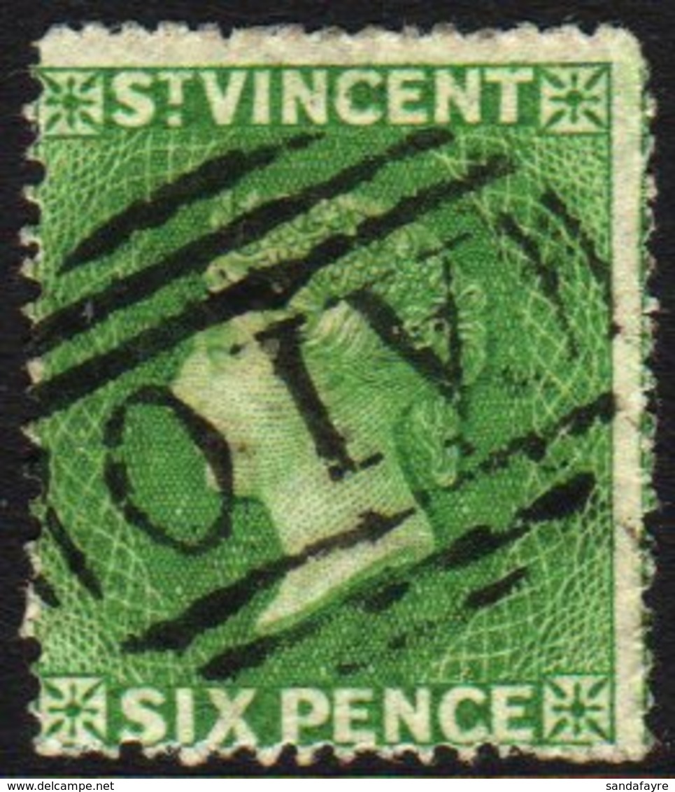 1861  6d Deep Yellow-green, SG 2, Fine Used With Neat A10 Cancel, Centered To Lower Left. For More Images, Please Visit  - St.Vincent (...-1979)