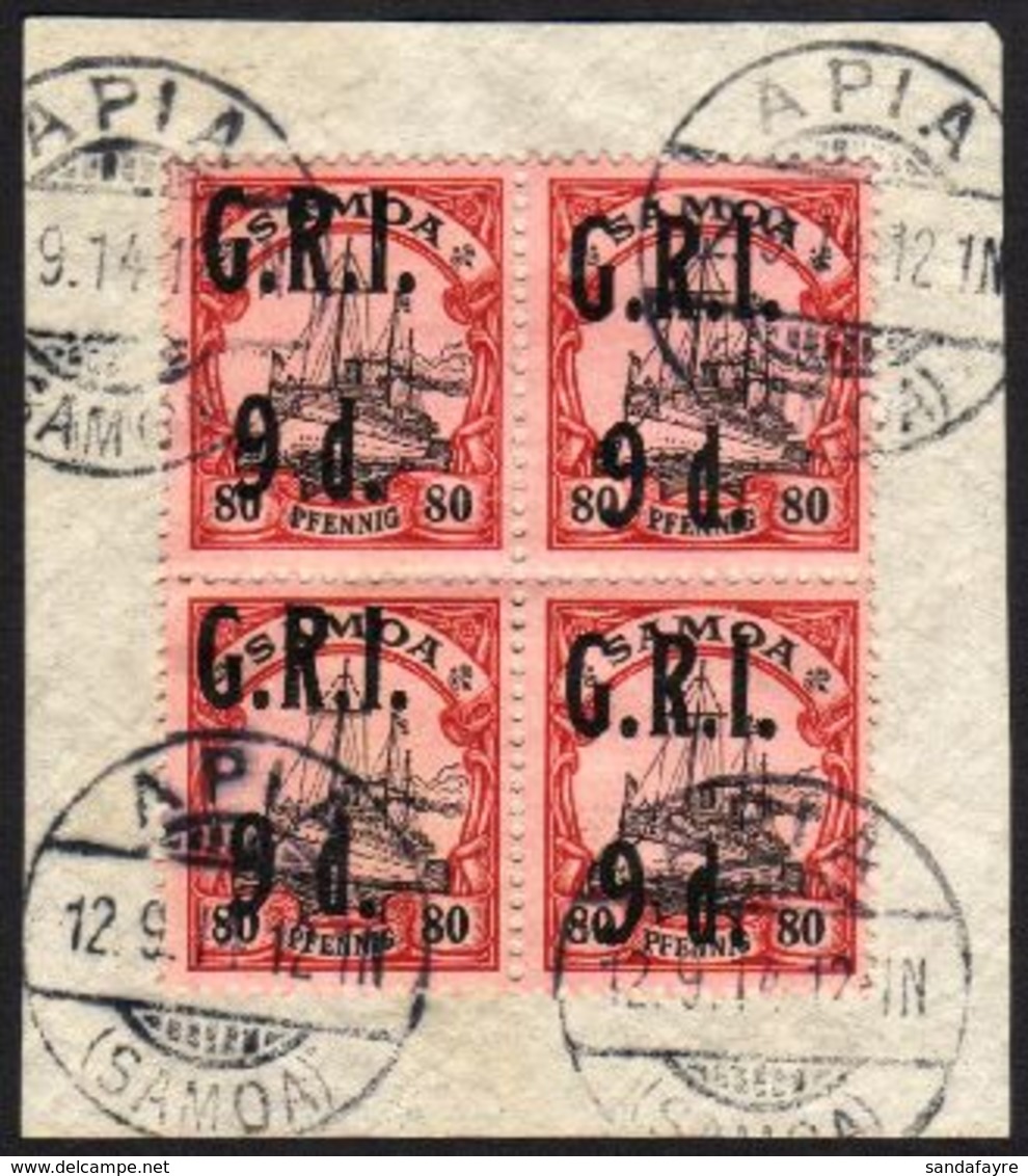 1914  (3 Sept) "G.R.I." Surcharge 9d On 80pf Black And Carmine/rose, SG 109, Very Fine Used BLOCK OF FOUR, On Piece Tied - Samoa (Staat)