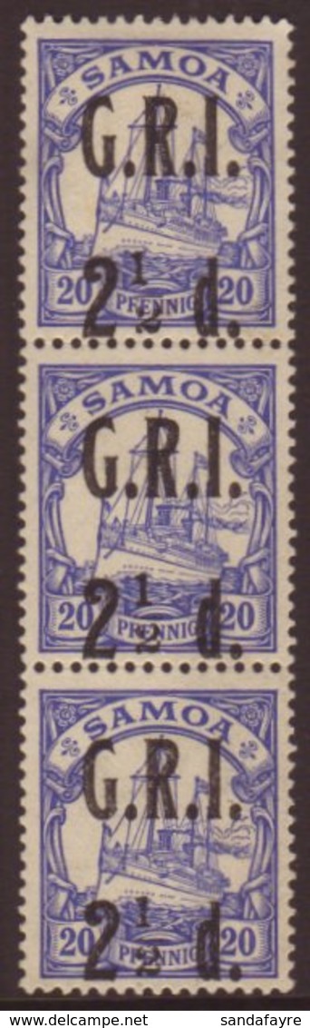 1914  (3 Sept) "G.R.I." Surcharge 2½d On 20pf Ultramarine (SG 104) Vertical Strip Of Three, The Top Stamp With "1" To Le - Samoa (Staat)