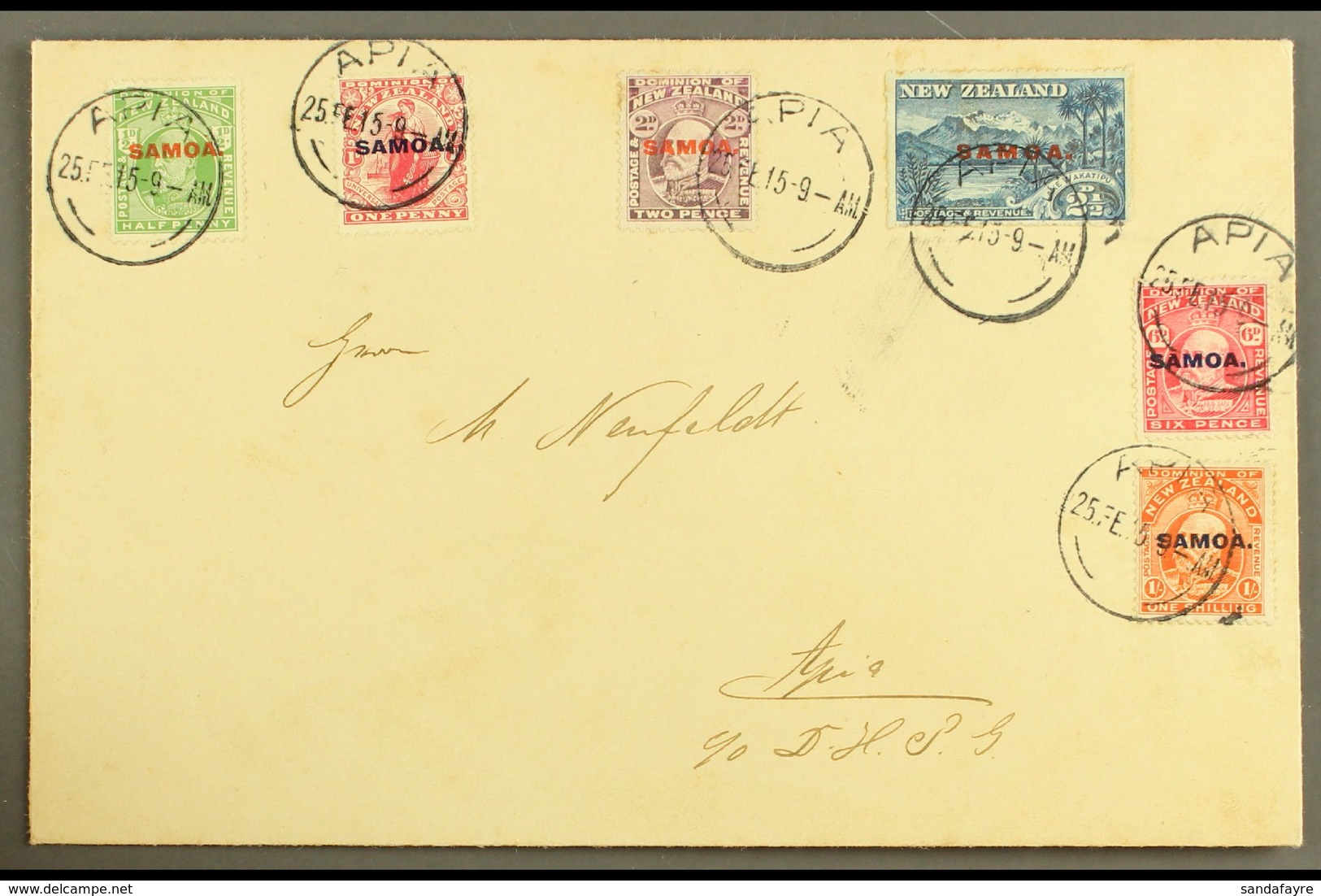 1915  KEVII New Zealand Overprints, Complete Set On Plain Cover, SG 115/21, Each With Clear Strike Of "APIA" 25.2.15 Pmk - Samoa (Staat)