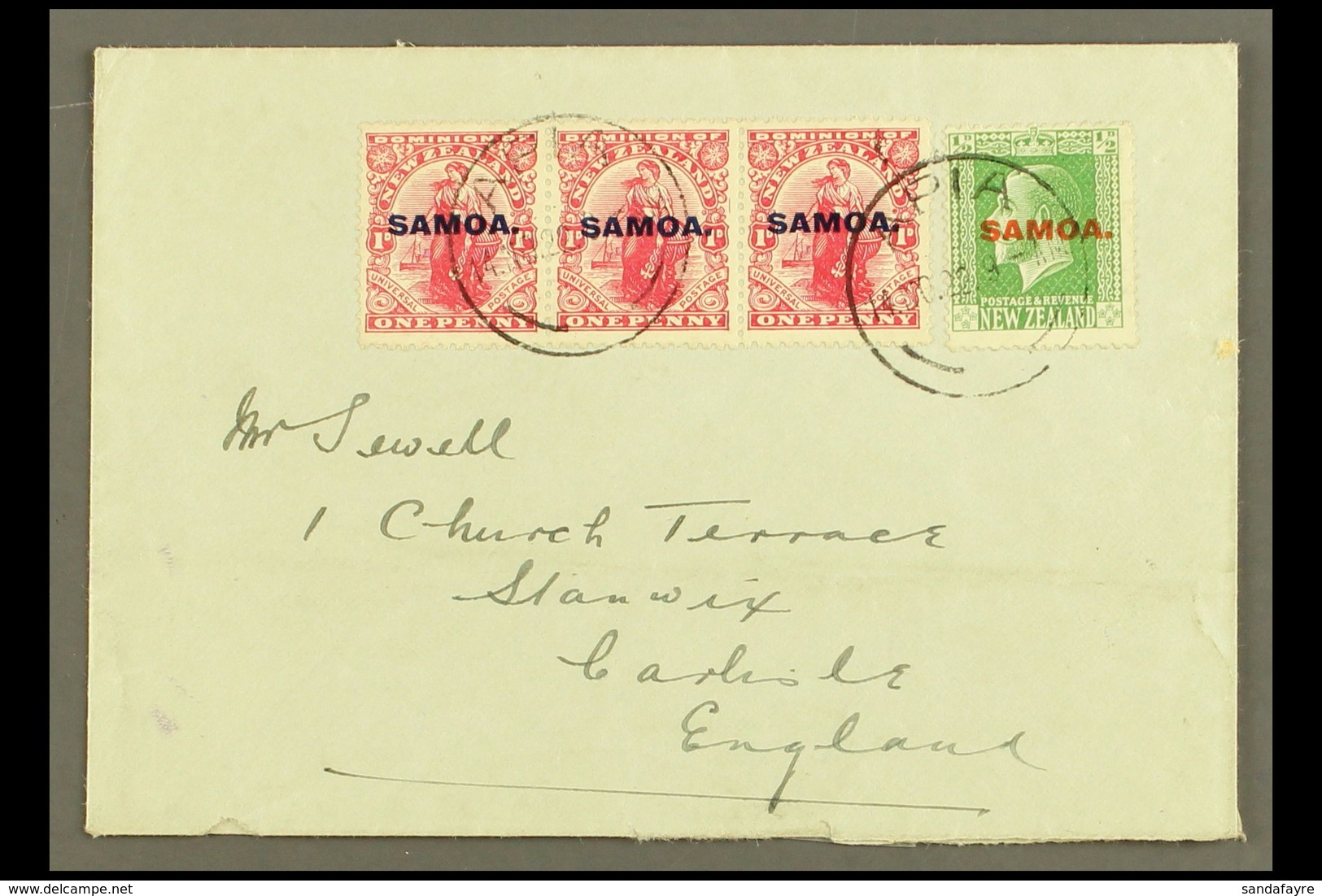 1922  Small, Plain Cover To England, Sent 3½d Rate, Franked 1d In A Strip Of 3 & KGV ½d , SG 116, 134, Apia 14.11.22 Pos - Samoa (Staat)