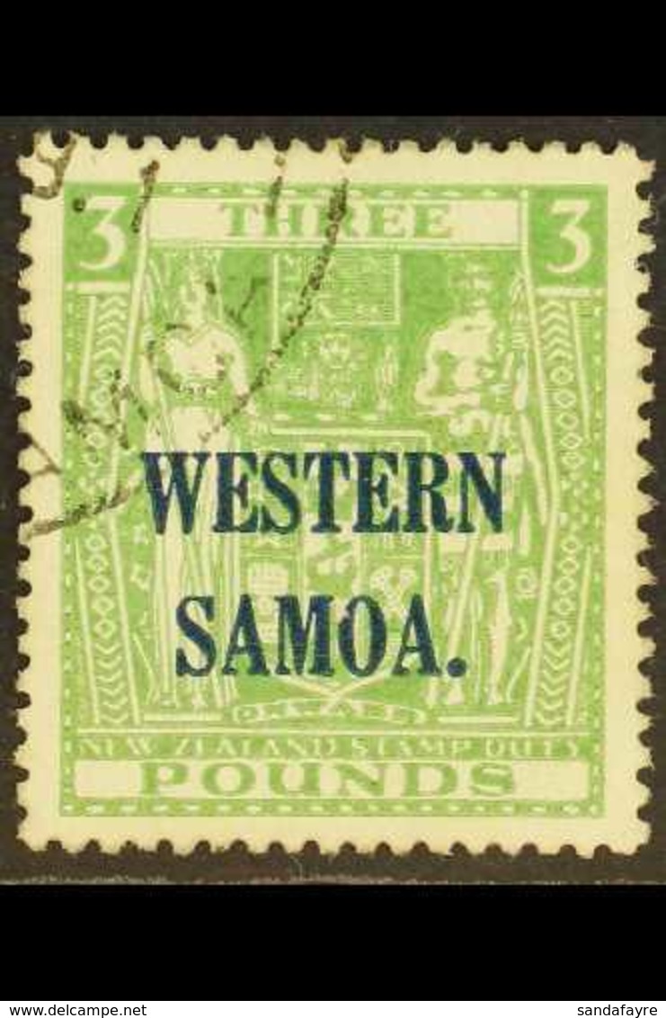 1945 - 1953  £3 Green Postal Fiscal, On Wiggins Teape Paper, SG 213, Very Fine Used. Scarce Stamp. For More Images, Plea - Samoa (Staat)