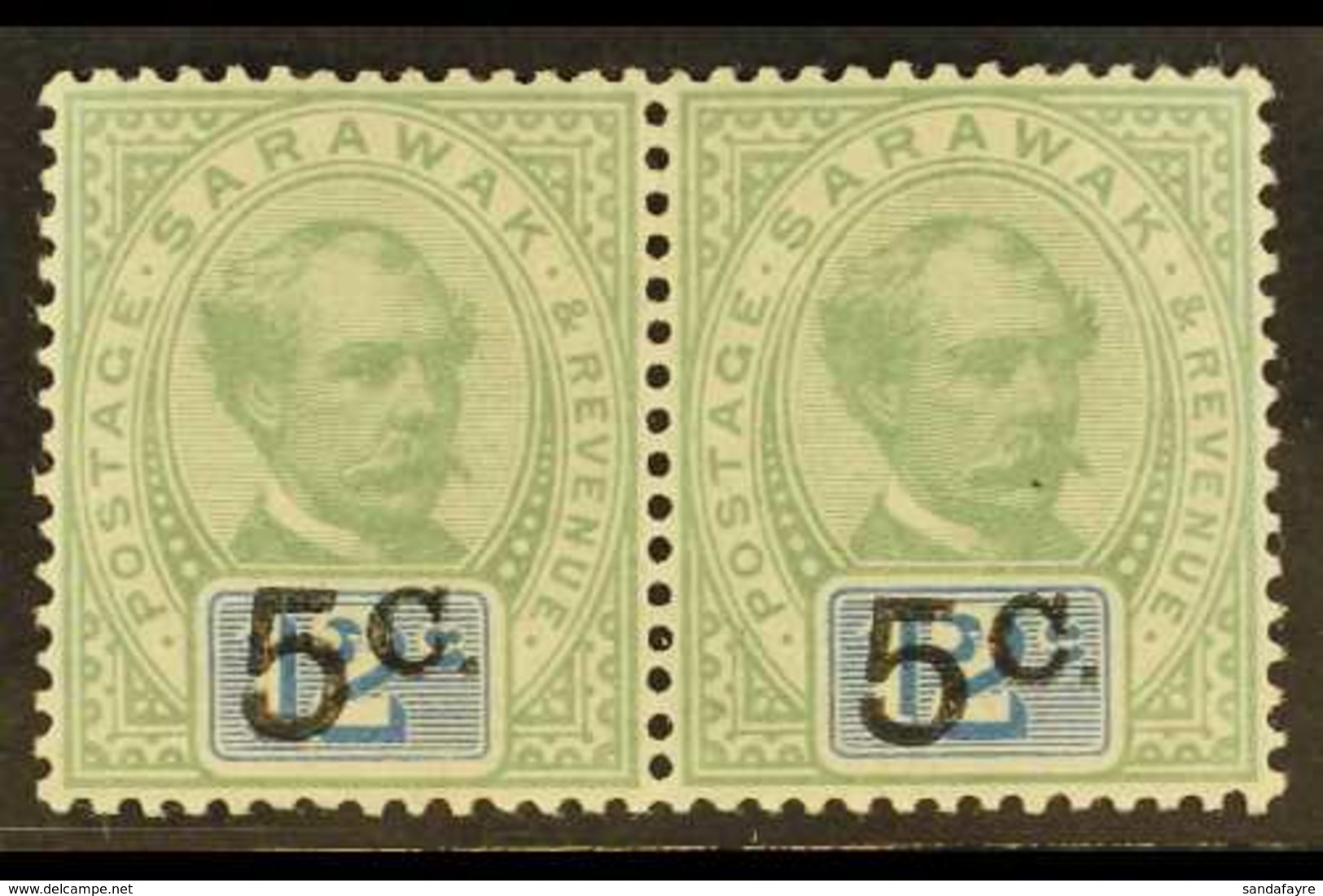 1889  5c On 12c Green And Blue (thick Overprint With Stop After C), SG 26, Superb Mint Horizontal Pair. For More Images, - Sarawak (...-1963)