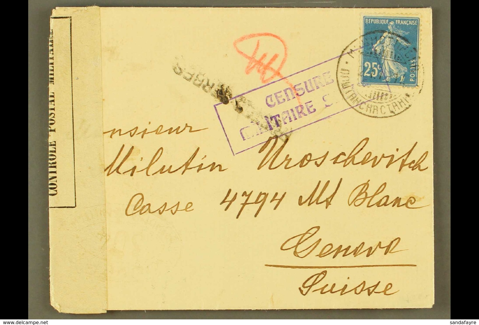 1917  (2 Nov) Censored Cover From Corfu Addressed To Switzerland, Bearing France 25c Stamp Tied By Serbian Cyrillic Cds  - Serbien
