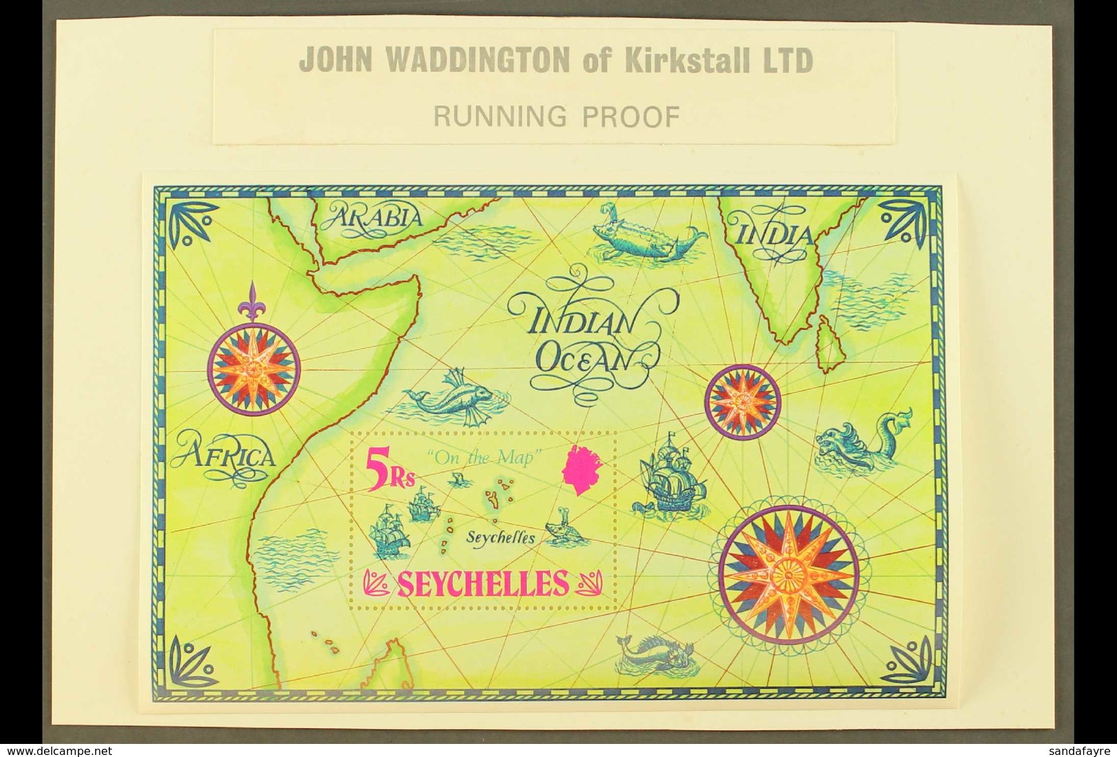 WADDINGTON'S RUNNING PROOF  For The 1971 "On The Map" Miniature Sheet, SG MS293, Attached To Proof Card, Very Fine Mint  - Seychellen (...-1976)