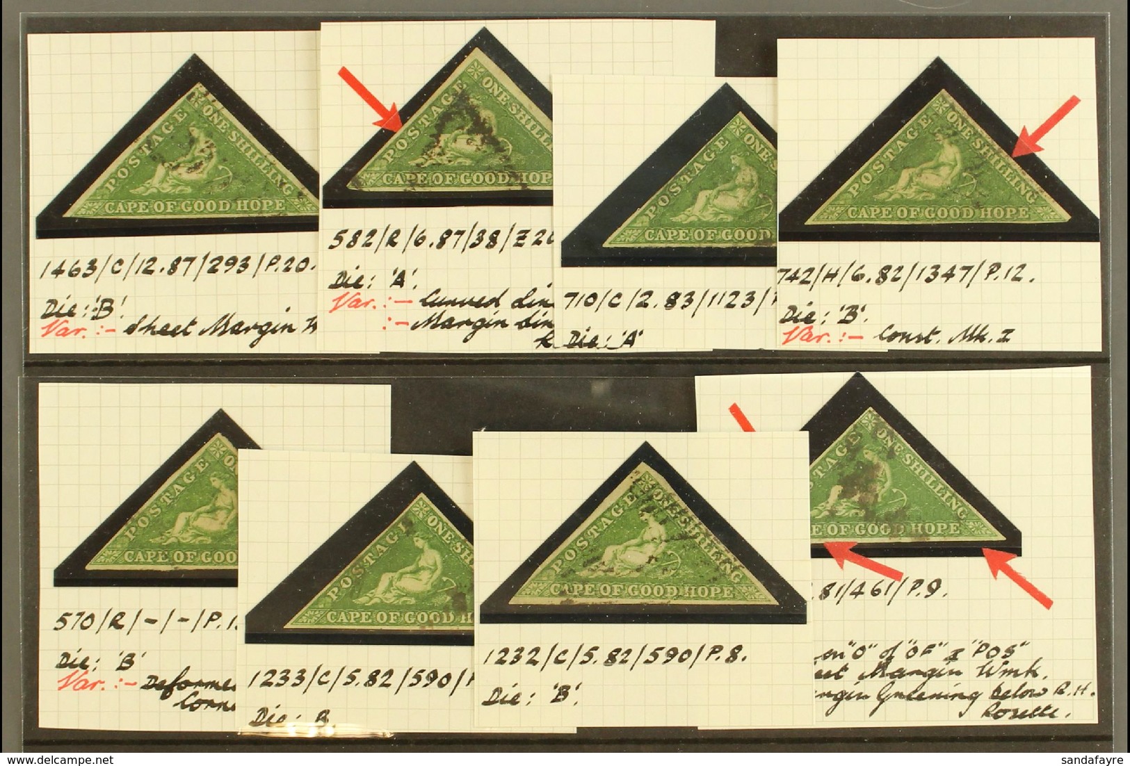 CAPE OF GOOD HOPE  1858 1s Bright Yellow Green, SG 8, Selection Of 8 Fine To Very Fine Used Examples Each With Full Marg - Ohne Zuordnung