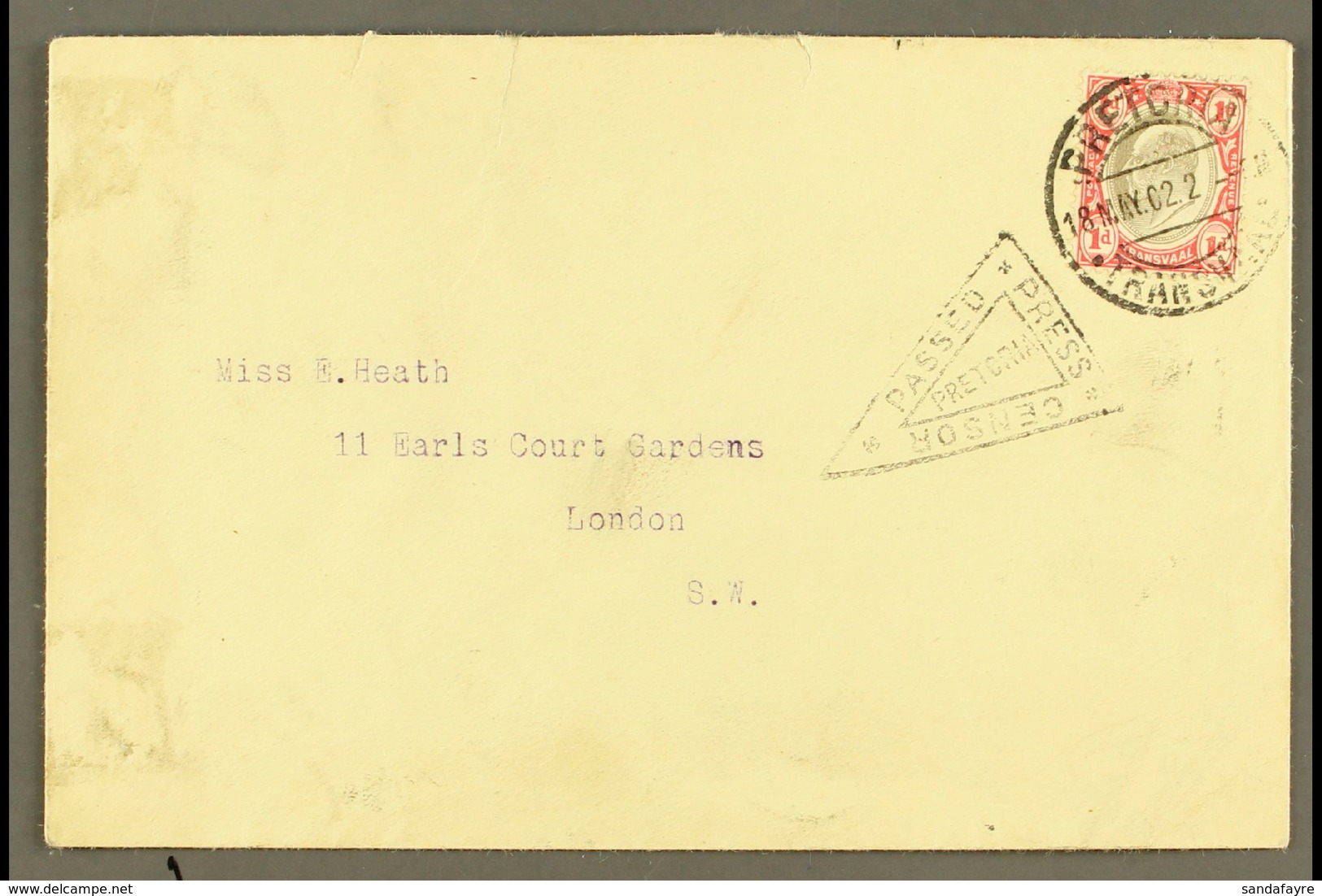 TRANSVAAL  1902 Cover To England With Pretoria "Passed Press Censor" Triangular Marking, Pretoria 18.5.02 Pmk, Env Flap  - Ohne Zuordnung