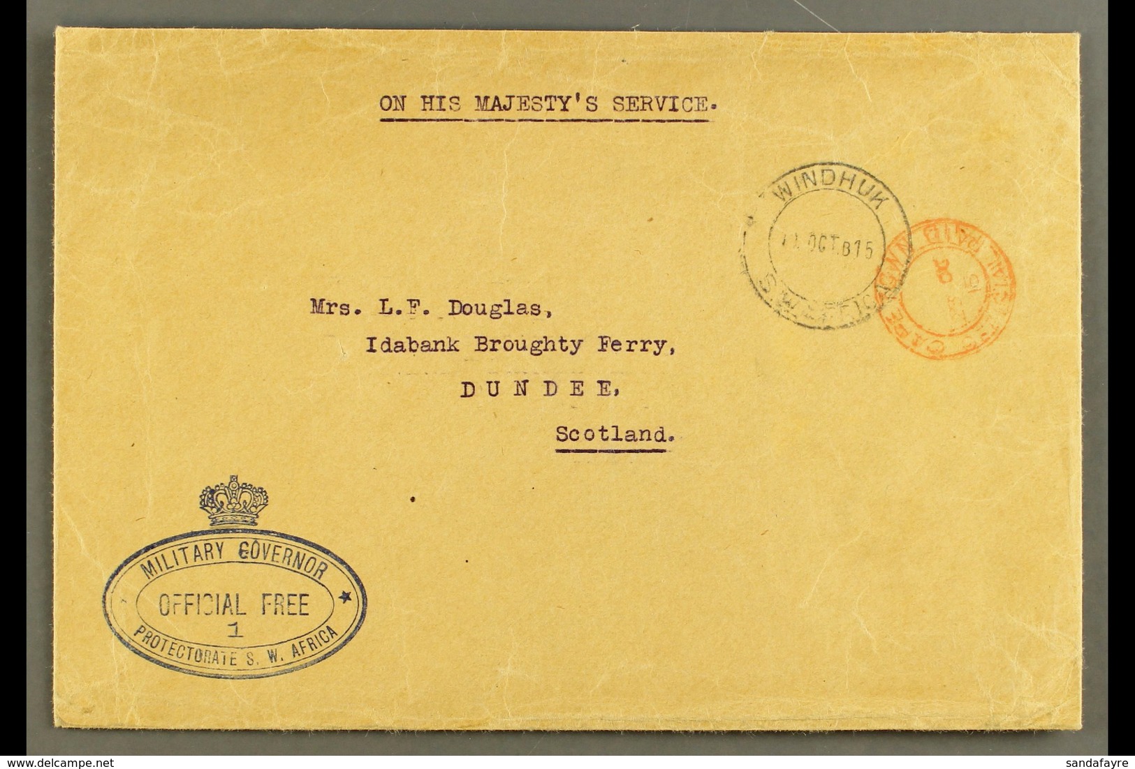 1915  (11 Oct) Stampless OHMS Cover To Scotland, Bearing "Windhuk" & Red "Cape Town Official Paid" Cds's And Superb Blue - South West Africa (1923-1990)