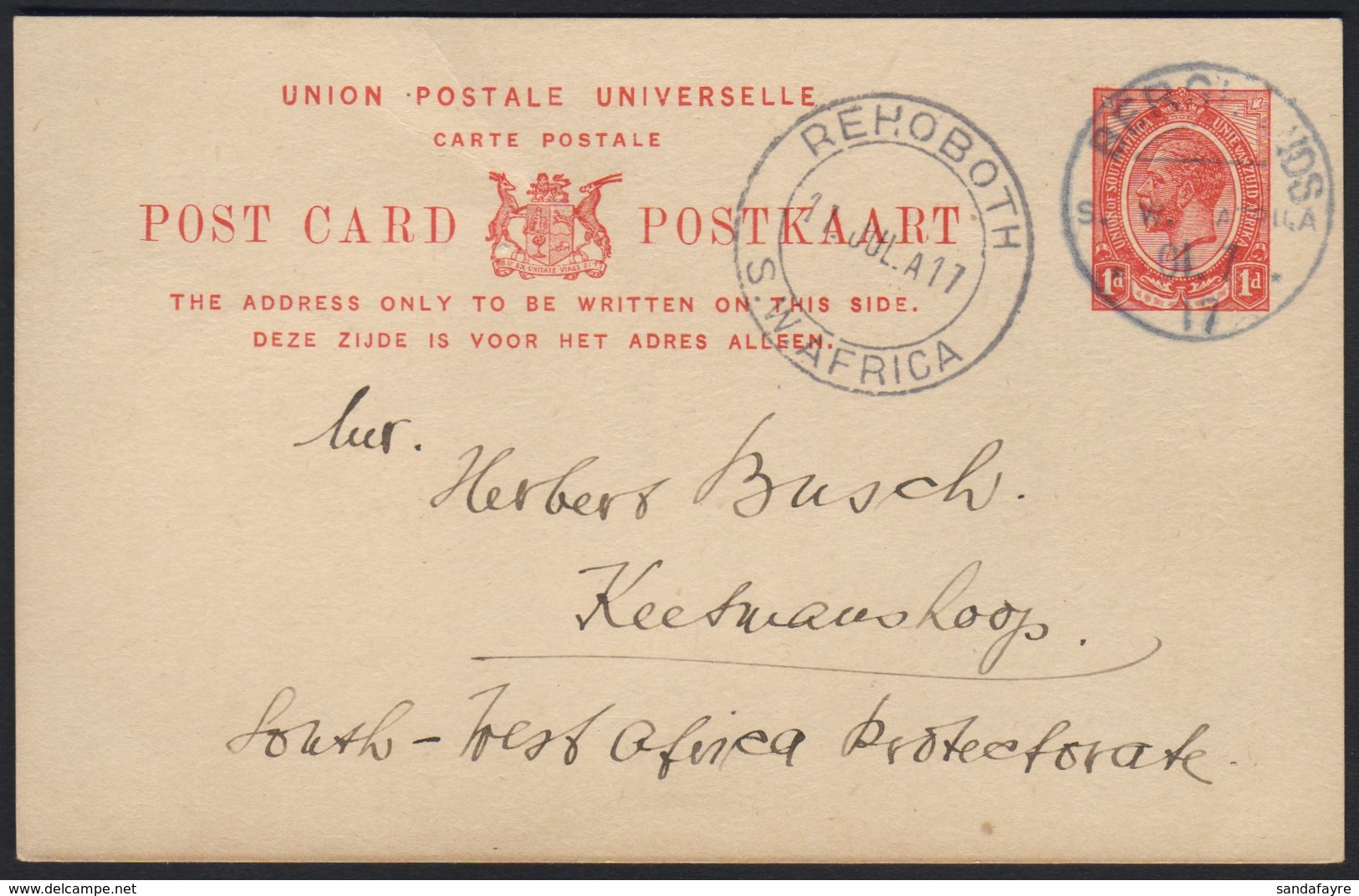 1917  (10 Jul) 1d Union Postal Card To Keetmanshoop With Fine "BERGLANDS" Cds Postmark, Putzel Type B1 Oc (showing "01.7 - Südwestafrika (1923-1990)