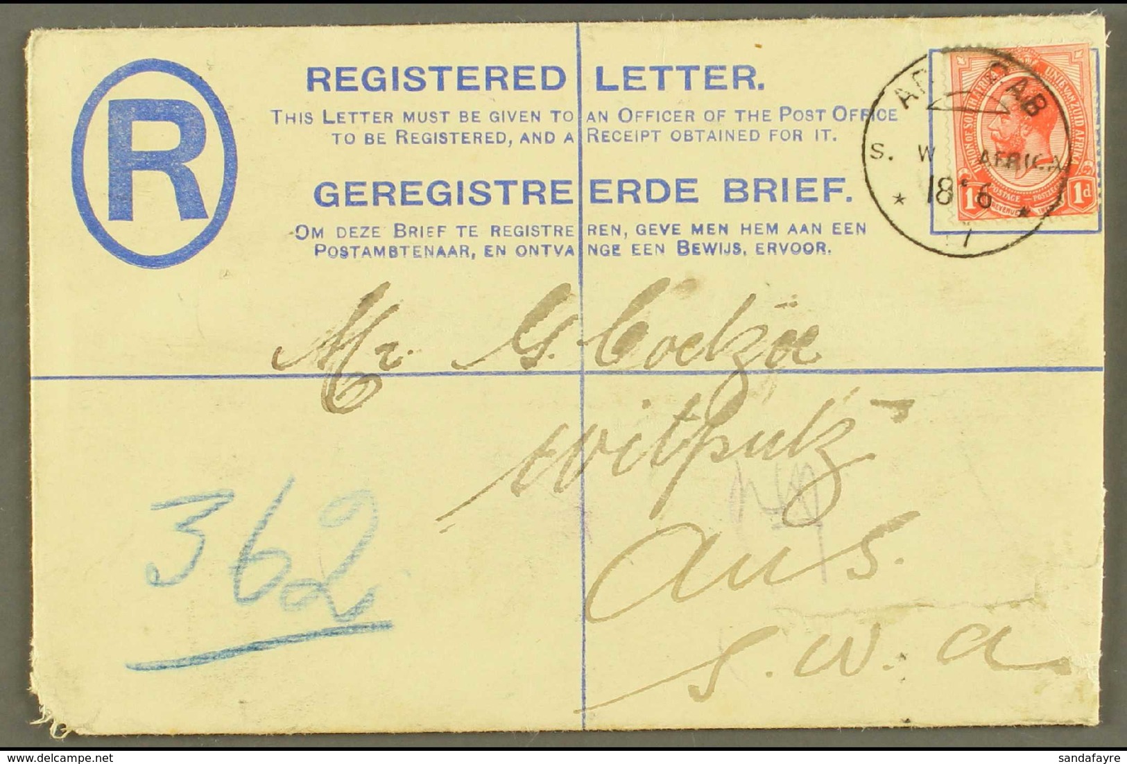 1917  (18 Jun) 4d Blue Registered Envelope To Aus Uprated With 1d Union Stamp Tied By Fine "AR OAB" Altered German Cds P - Africa Del Sud-Ovest (1923-1990)