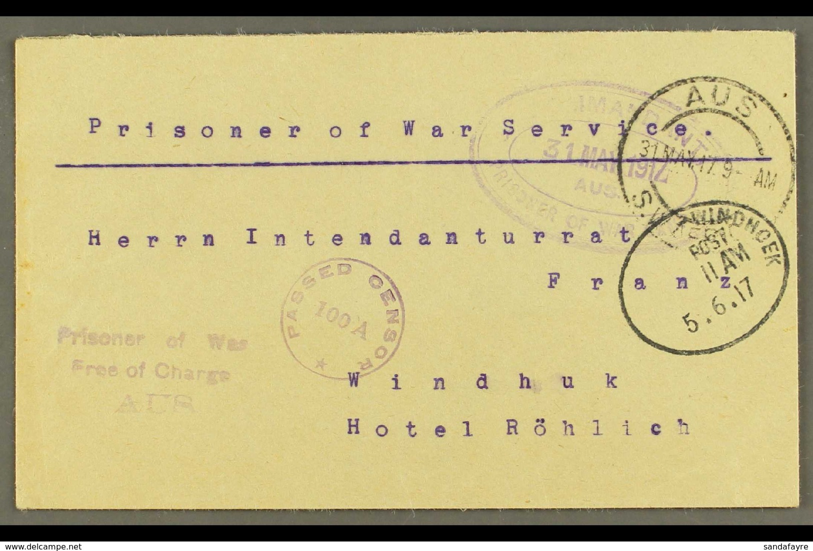 1917  (31 May) Stampless Env Endorsed On Reverse By "Oberleutnant Von Lossnitzer / Camp Aus / Date" From Aus Camp Addres - Südwestafrika (1923-1990)