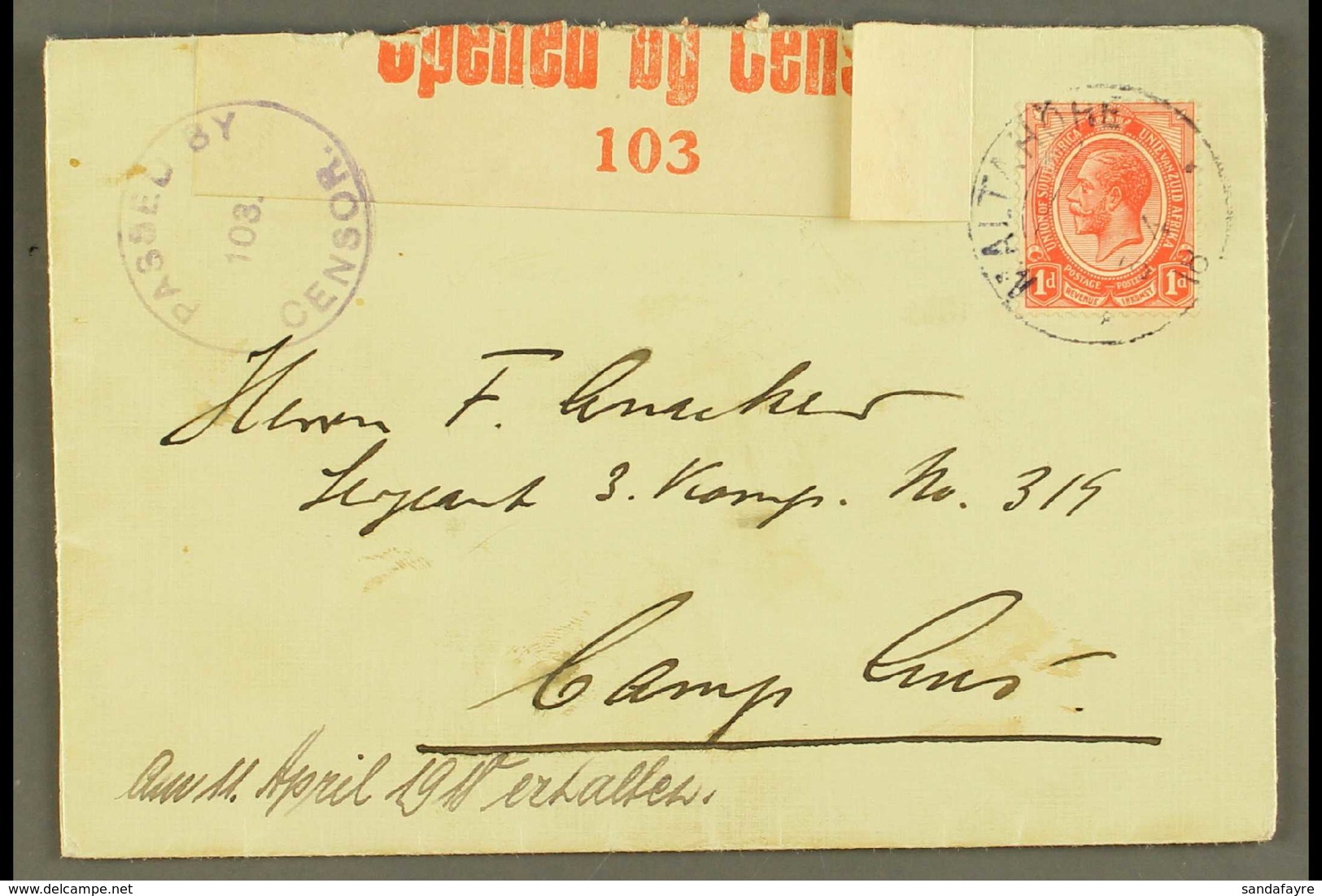 1918  (3 Apr) Cover Addressed To "Camp Aus" Bearing 1d Union Stamp Tied By Fine "MALTAHOHE" Cds Postmark, Putzel Type B2 - South West Africa (1923-1990)