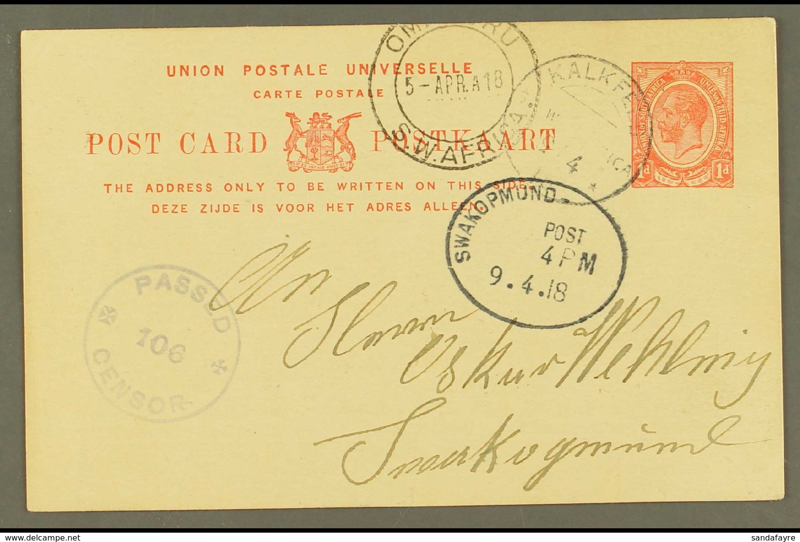 1918  (4 Apr) 1d Union Postal Card To Swakopmund Cancelled By "KALKFELD" Cds Postmark, Putzel Type 2, Part "OMARURU" Tra - Africa Del Sud-Ovest (1923-1990)