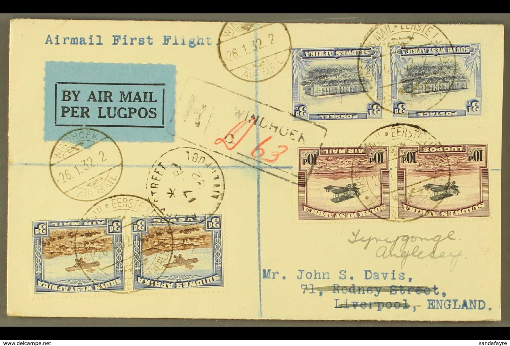 1932 FLIGHT COVER  Reg'd Cover To England, Franked 3d & 10d Airmail Bilingual Pairs, Plus 3d Pair, Tied By "Windhoek / A - Africa Del Sud-Ovest (1923-1990)