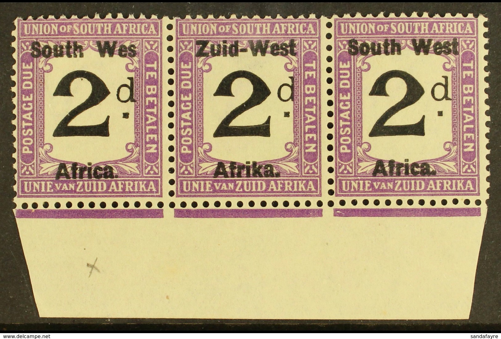POSTAGE DUES  1923 2d Black And Violet, Marginal Strip Of 3, One Showing Variety "Wes For West", SG D3a, Very Fine NHM.  - Africa Del Sud-Ovest (1923-1990)