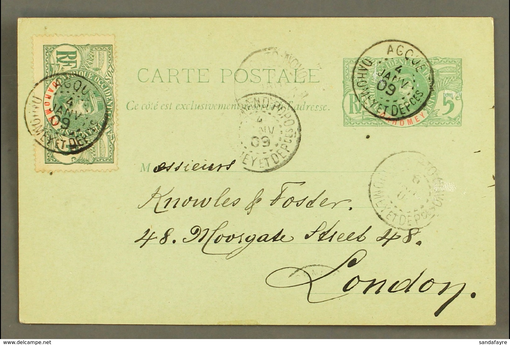 1906  (January) Dahomey 5c Postal Card With Additional 5c Stamp To London Tied By Agque Cds, Lagos Transit Cds On Revers - Nigeria (...-1960)