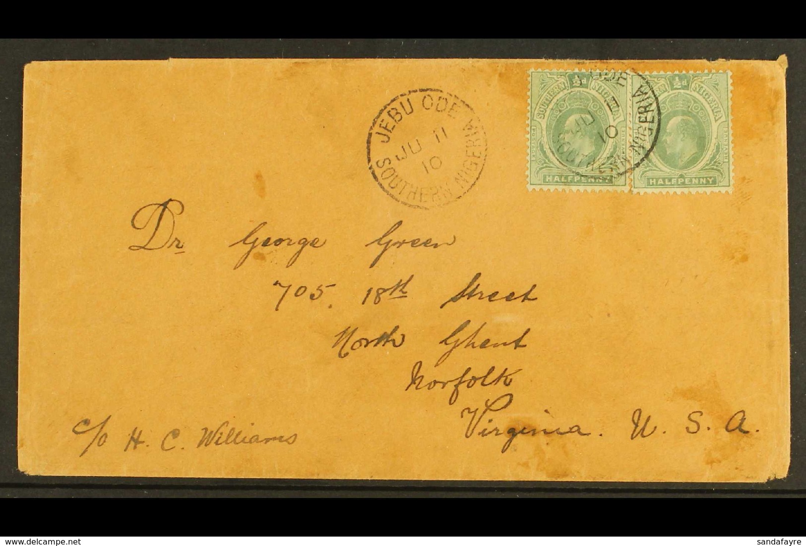 1910  Cover To Virginia, USA, Franked Pair Of ½d Ed VII Tied By Neat Strike Of Jebu Ode Southern Nigeria Cds With Lagos  - Nigeria (...-1960)