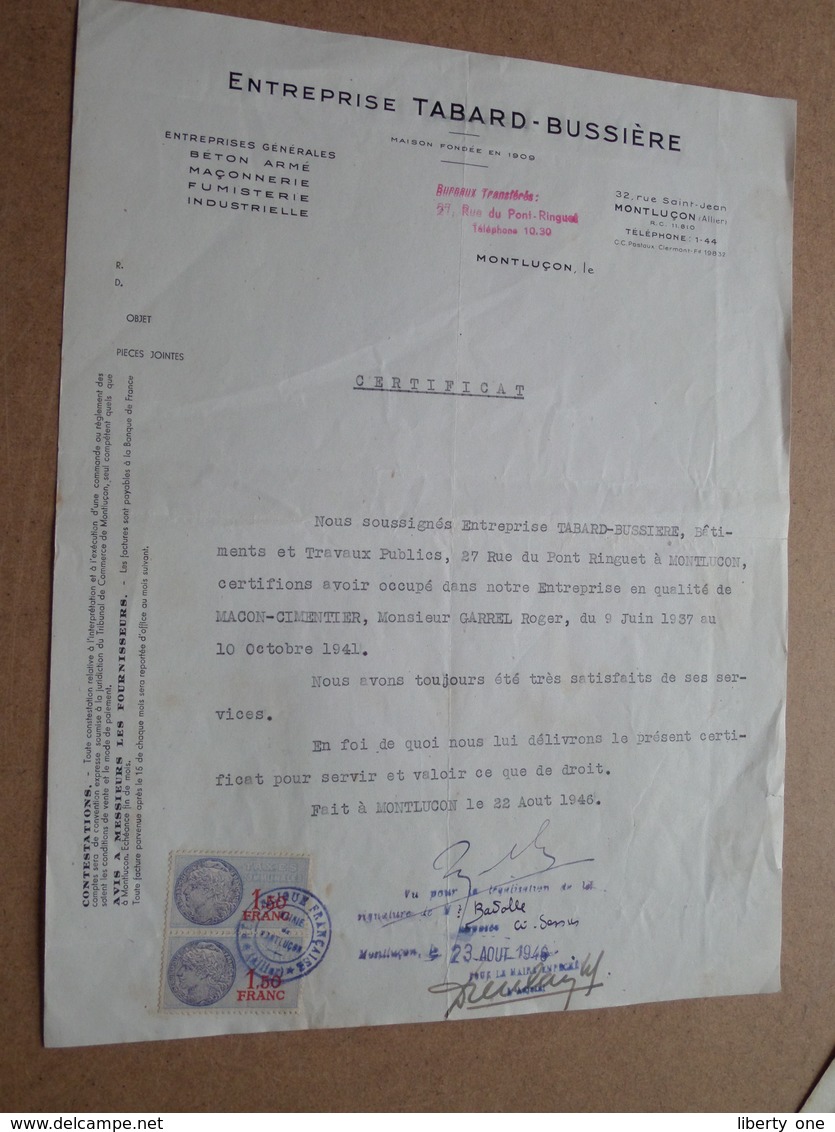 Entreprise TABARD - Bussière Montluçon / 1946 ( Correspondance / Facture / CERTIFICAT ) ! - 1900 – 1949