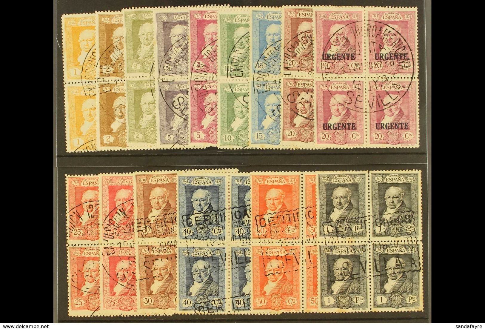 1930  Goya Postage Set To 1p Plus Express, Edifil 499/512 Plus 516, As Fine Used Blocks Of Four With Exhibition Cancels. - Sonstige & Ohne Zuordnung