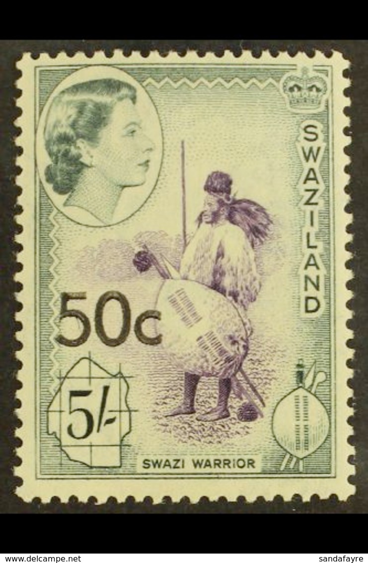 1961  50c On 5s, Type III Overprint, SG 75b, Lightly Hinged Mint, Very Scarce.  For More Images, Please Visit Http://www - Swasiland (...-1967)