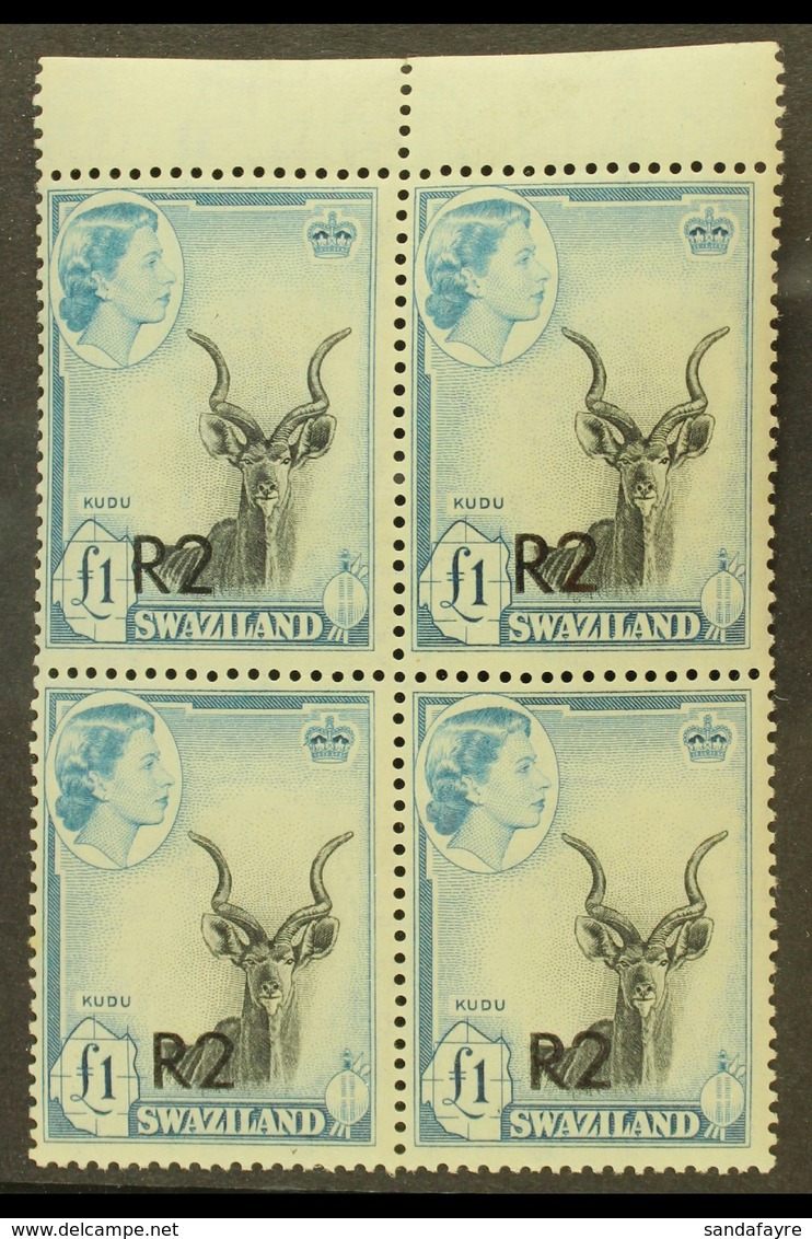 1961  R2 On £1, Type II Surcharge At Bottom, TOP MARGINAL BLOCK OF 4, SG 77b, Lightly Toned Gum, Otherwise Never Hinged  - Swasiland (...-1967)