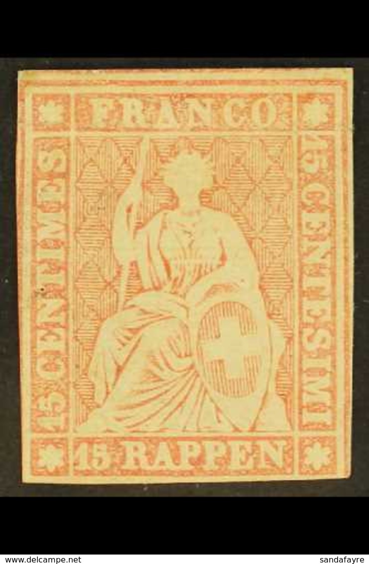 1854  15r Pale Rose, Blue Thread, Sitting Helvetia, SG 36a, Fine Mint Og. Cat £650 For More Images, Please Visit Http:// - Sonstige & Ohne Zuordnung