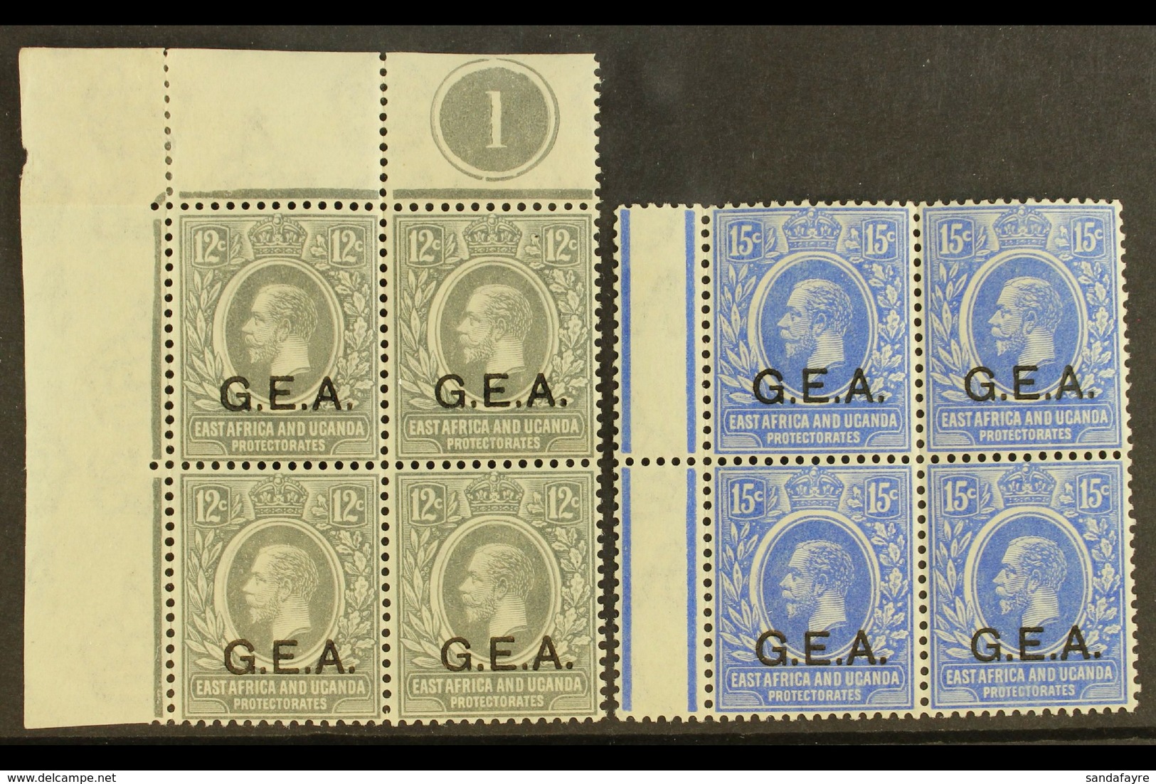 1921  12c Grey "G.E.A." Opt, SG 63, Upper Left Corner PLATE '1' BLOCK Of 4 Fine Mint (all Stamps NHM) And 15c Bright Blu - Tanganyika (...-1932)