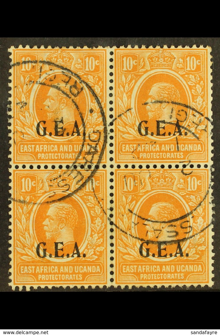 1922  10c Orange "G.E.A." Overprint, SG 73, Used BLOCK Of 4 Cancelled By Two "Daressalam" Cds's, Fresh. (4 Stamps) For M - Tanganyika (...-1932)