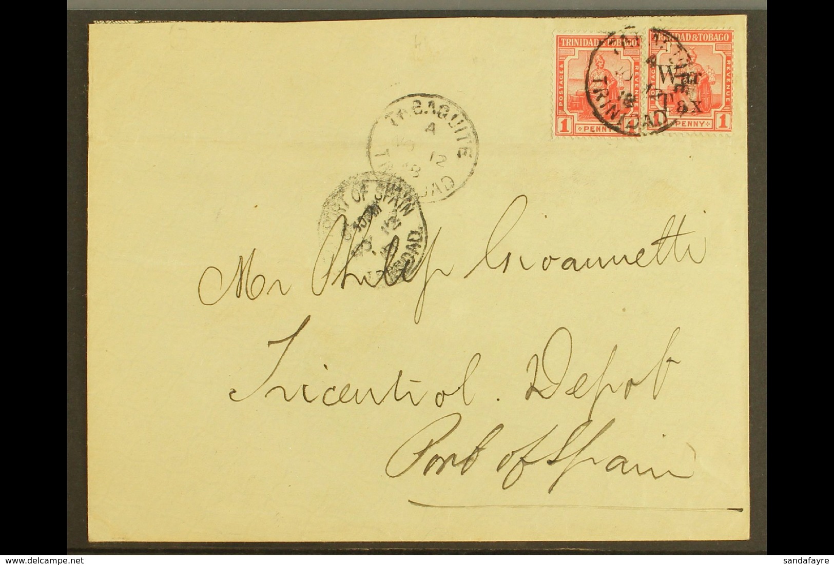 1918  (12 Nov) Cover To Port Of Spain, Bearing 1913-23 1d (SG 150) & 1918 1d "War Tax" Opt (SG 189) Tied By "Tabaquite"  - Trinidad & Tobago (...-1961)