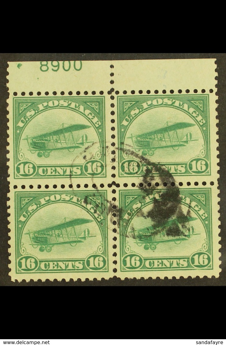 1918  AIR 16c Green "Curtiss Jenny", Sc C2, Fine Used Upper Marginal BLOCK OF FOUR With Plate Number. For More Images, P - Sonstige & Ohne Zuordnung