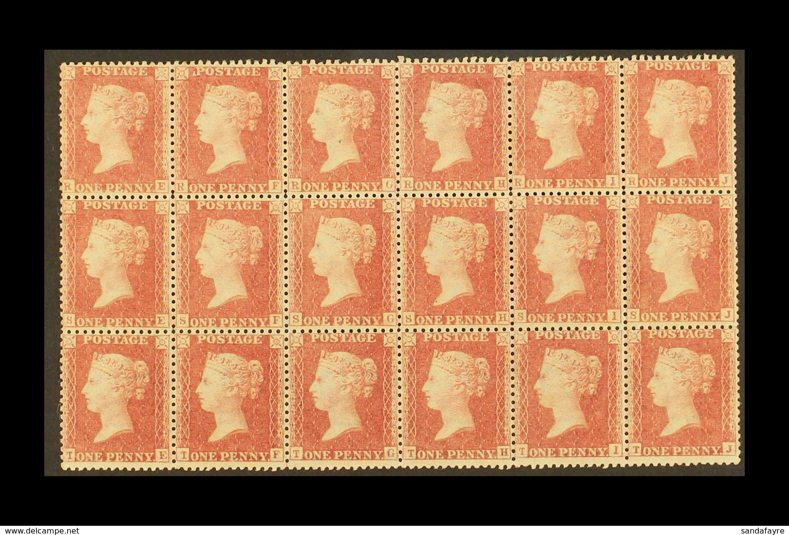 1856-58  1d Pale Rose Perf 14, Wmk Large Crown, SG 39, MINT BLOCK OF 18 'RE - TJ' , Eleven Examples Never Hinged, The Ot - Sonstige & Ohne Zuordnung