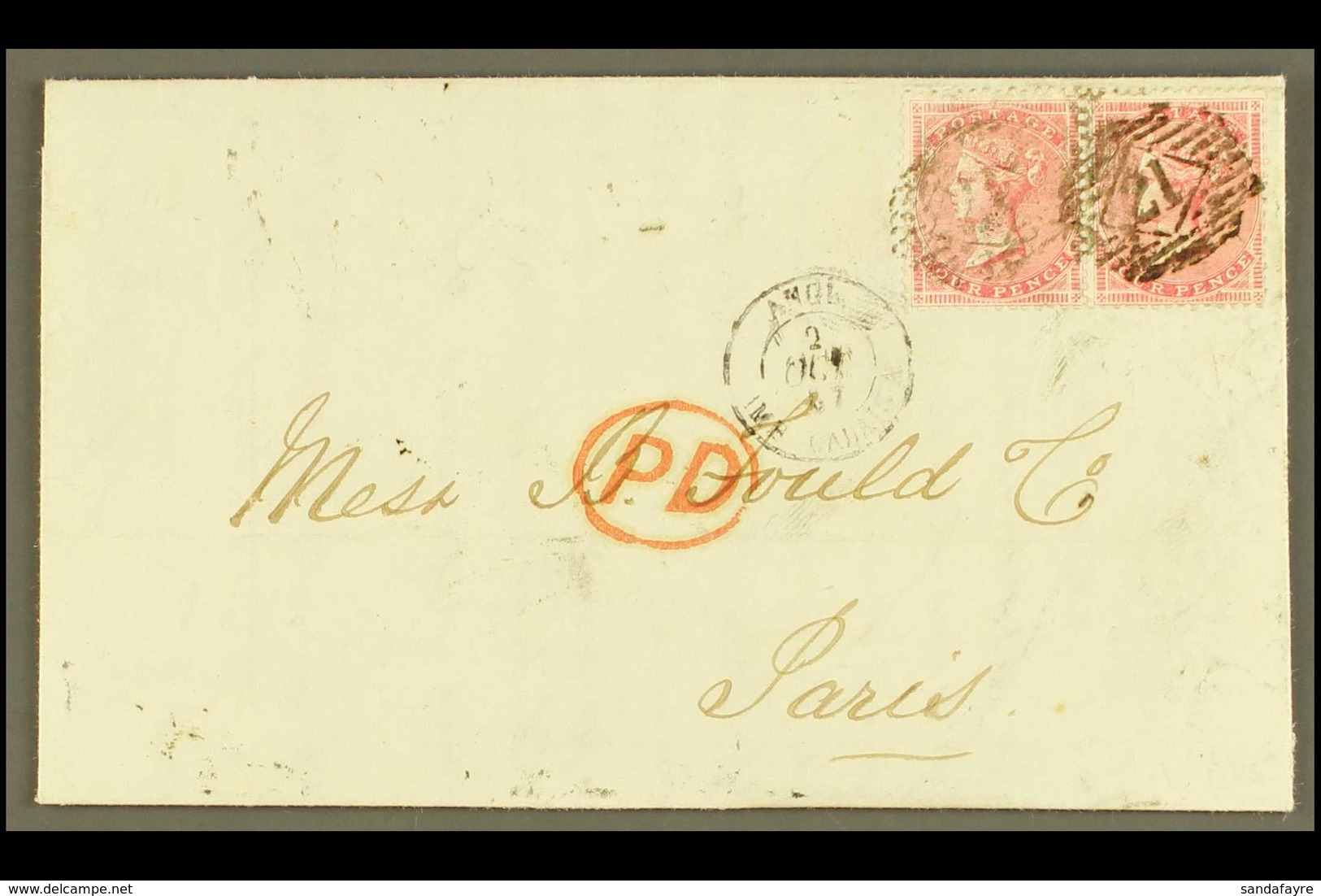 1857  (1 Oct) EL From London To Paris, Bearing A Pair Of The 4d Rose (SG 66),nice Range Of Postal Markings Front & Rever - Sonstige & Ohne Zuordnung
