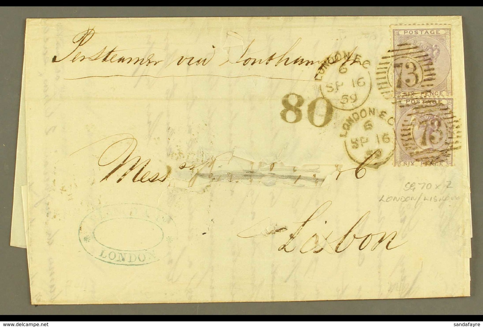 1859  (16 Sept) EL To Portugal, Bearing Two 6d Deep Lilacs (SG 69) Each Tied By London Datestamp + Numeral Pmk With Port - Sonstige & Ohne Zuordnung