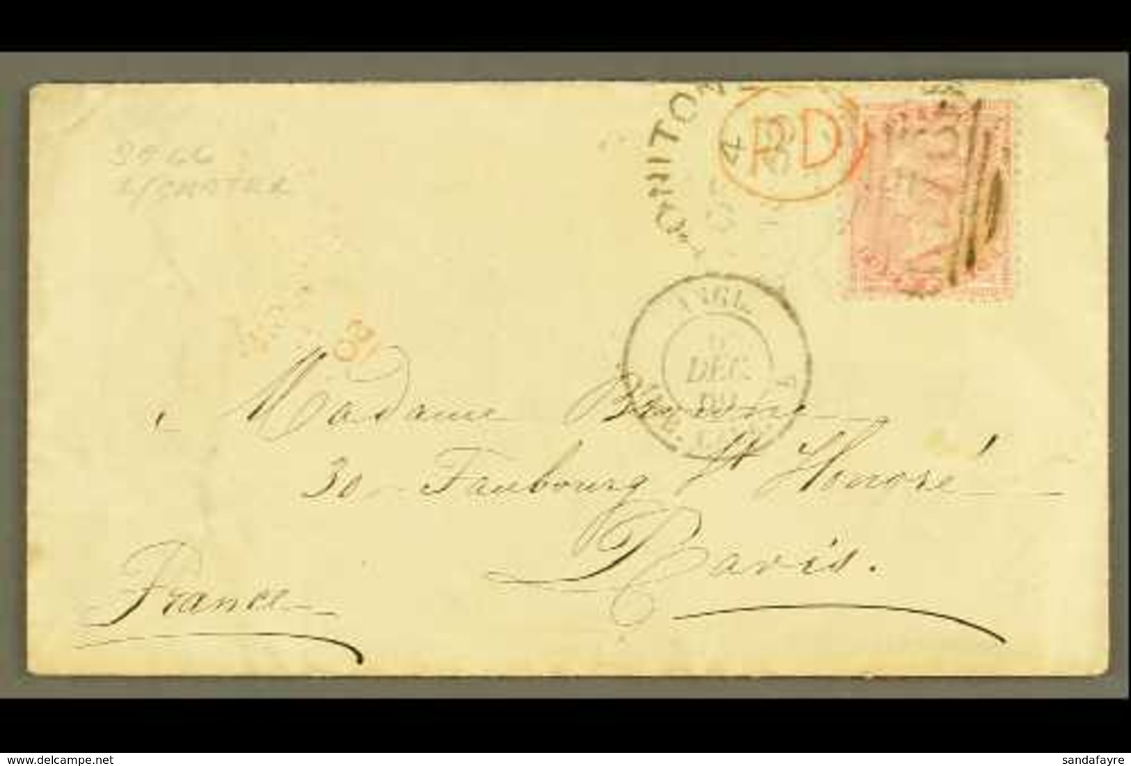 1860  (4 Dec) Env From Honiton To Paris Bearing 4d Rose (SG 66), Tied Datestamp + Numeral With Various Other Transit / A - Sonstige & Ohne Zuordnung