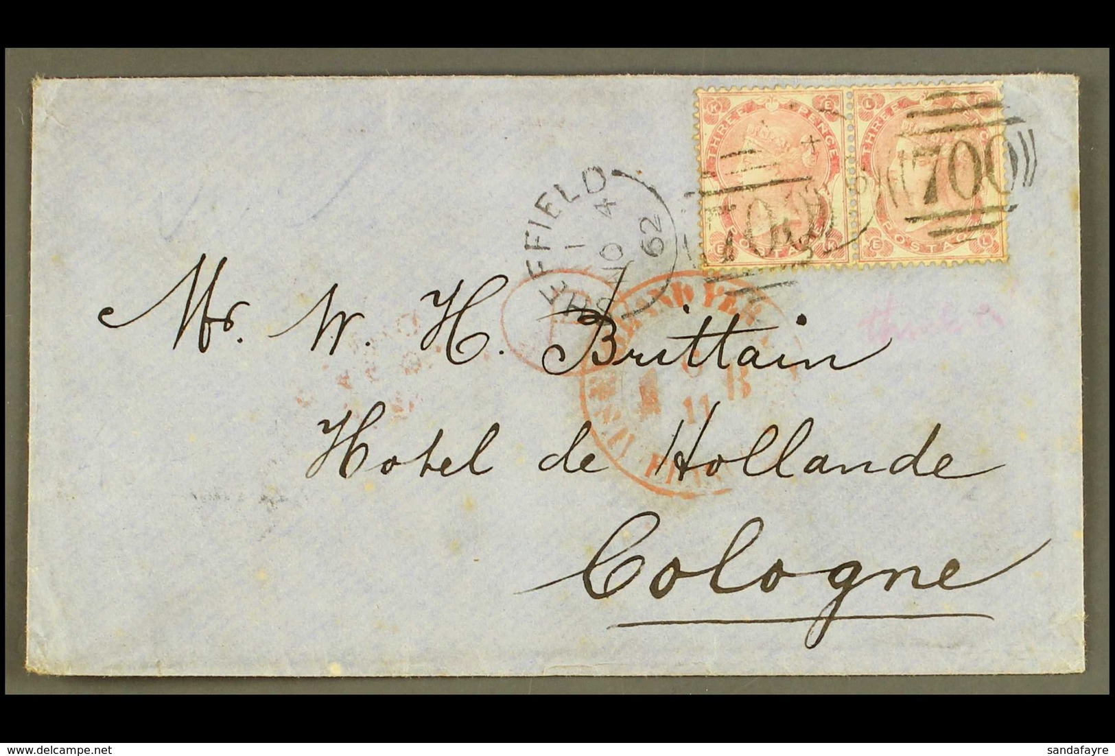 1862  (4 Nov) Env From Sheffield To Germany Bearing A PAIR 3d Pale Carmine-rose Small Letters (SG 77) Tied By Sheffield  - Sonstige & Ohne Zuordnung