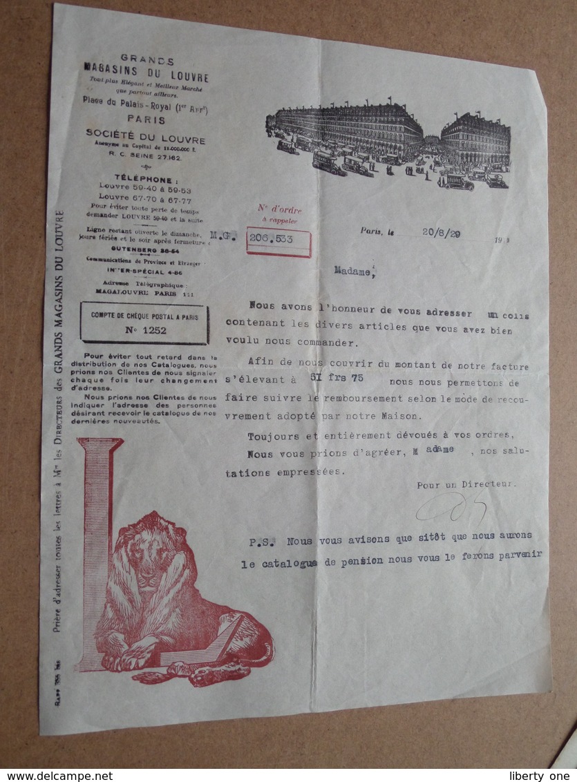 Grands Magasins Du LOUVRE Paris / 1929 ( Correspondance / Facture / Bon De Commande ) ! - 1900 – 1949