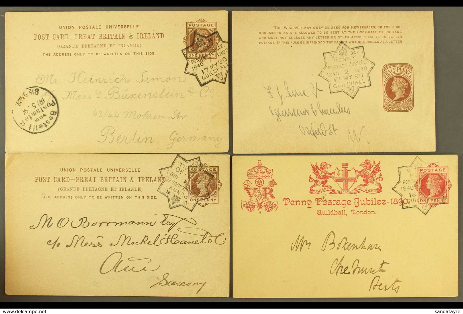 1890 PENNY POSTAGE JUBILEE  A Selection Of Postal Stationery Cards With Special "Guildhall" Cancels, With Hour Slugs, Co - Sonstige & Ohne Zuordnung